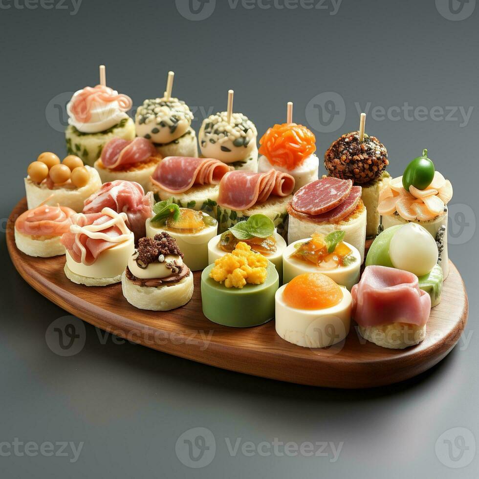 AI generated Authentic Spanish Flavor Tray of Canapes Realistic Image Generative AI photo