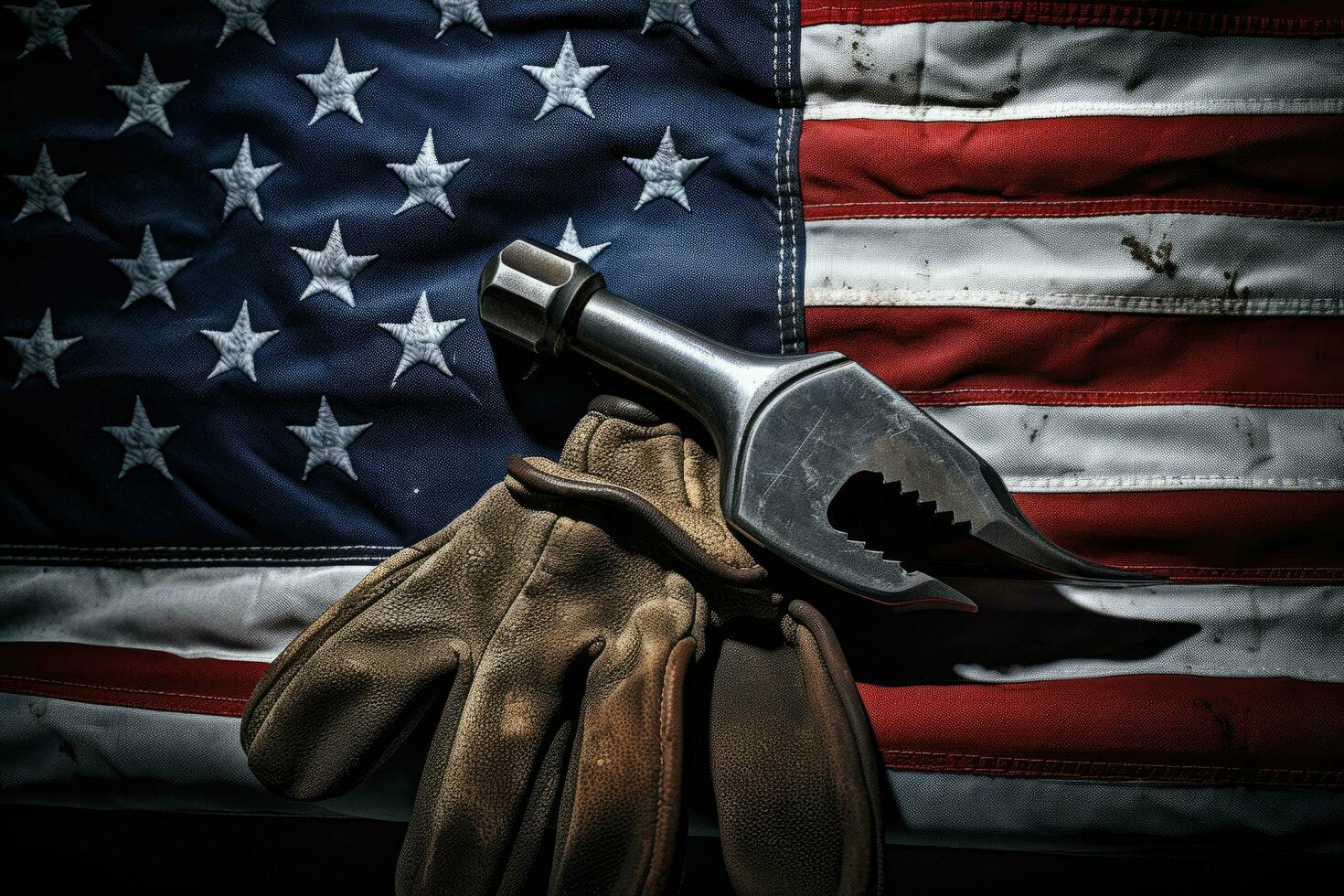 AI generated Wrench and gloves on the US flag background. Toned, Worn work glove holding old wrench and US American flag, AI Generated photo