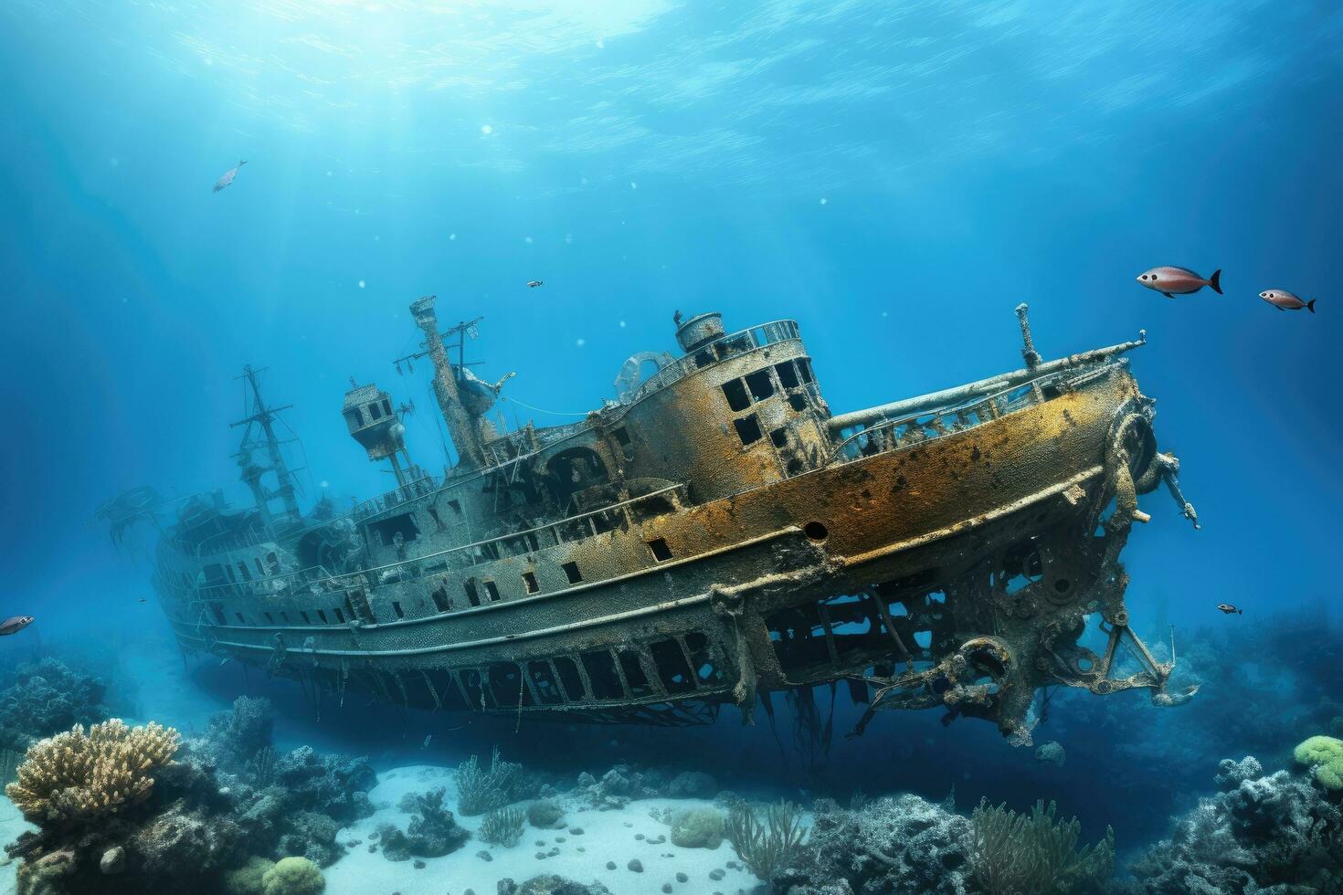 ai generado ruina de un antiguo Embarcacion a el fondo de un tropical coral arrecife, ruina de un Embarcacion en el azul mar, con escafandra autónoma buceo equipo, ai generado foto