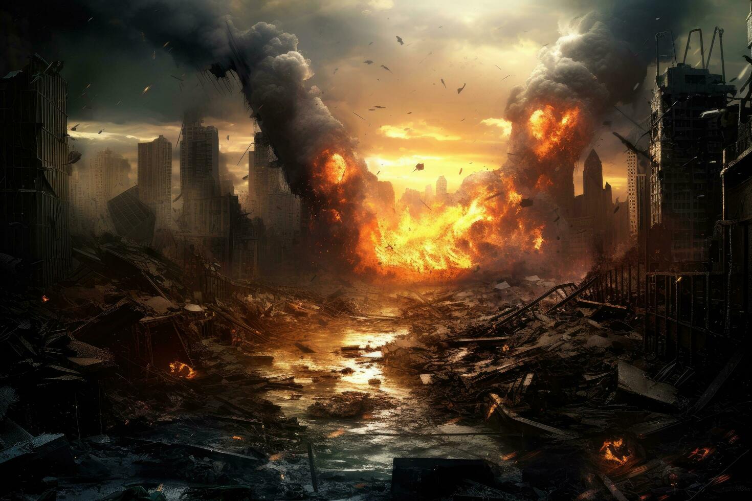 AI generated Conceptual image of disaster with burnt buildings and urban landscape, World collapse, doomsday scene, digital painting, AI Generated photo