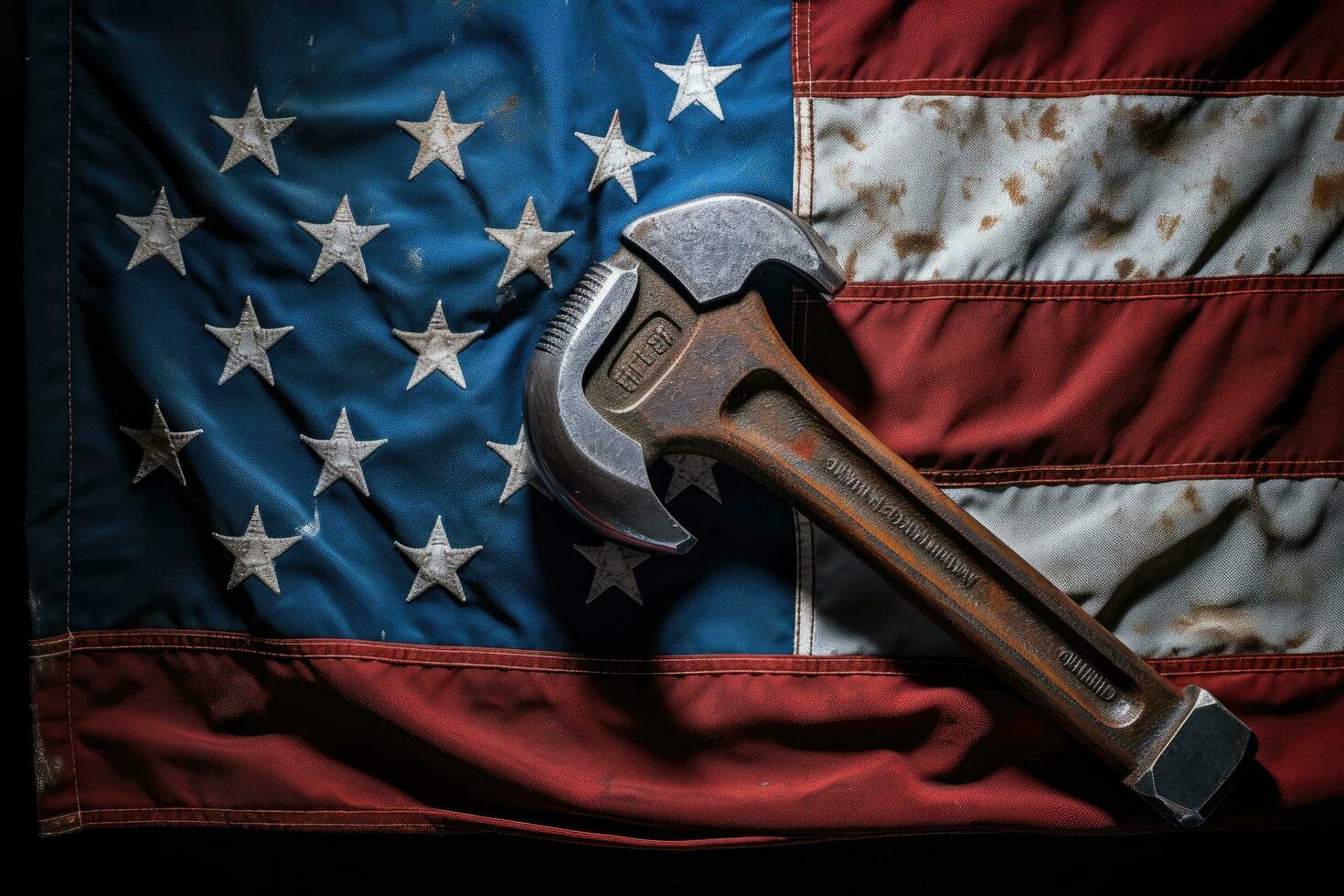 AI generated Hammer on the United States of America flag background. Toned, Worn work glove holding old wrench and US American flag, AI Generated photo