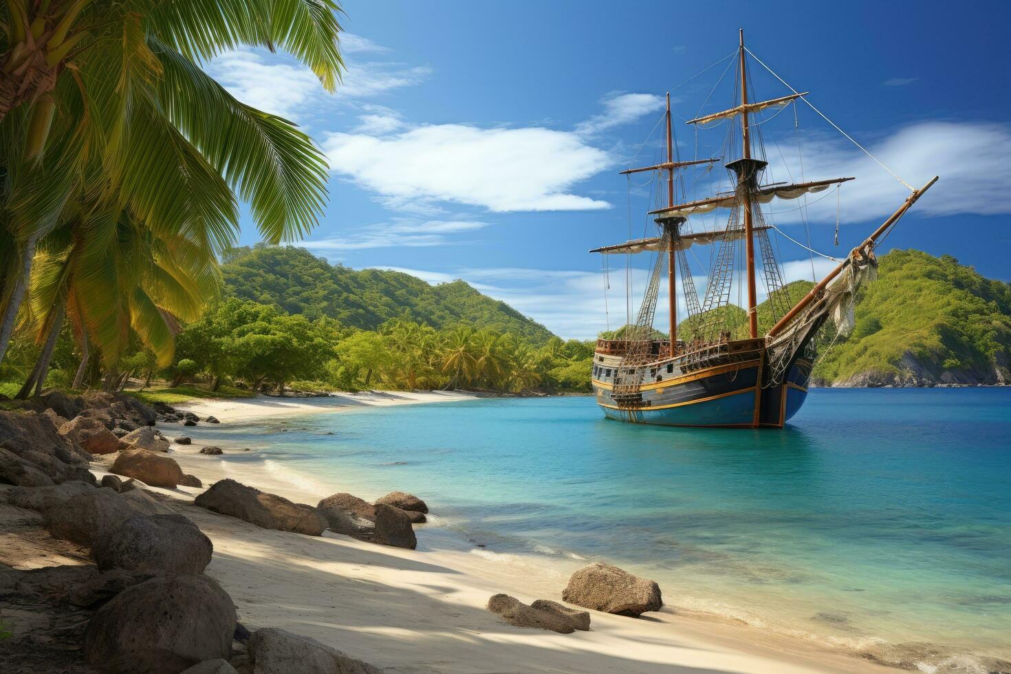 AI generated Beautiful seascape with an old pirate ship on a tropical beach, Wooden tall ship sailing in a Caribbean island bay, AI Generated photo