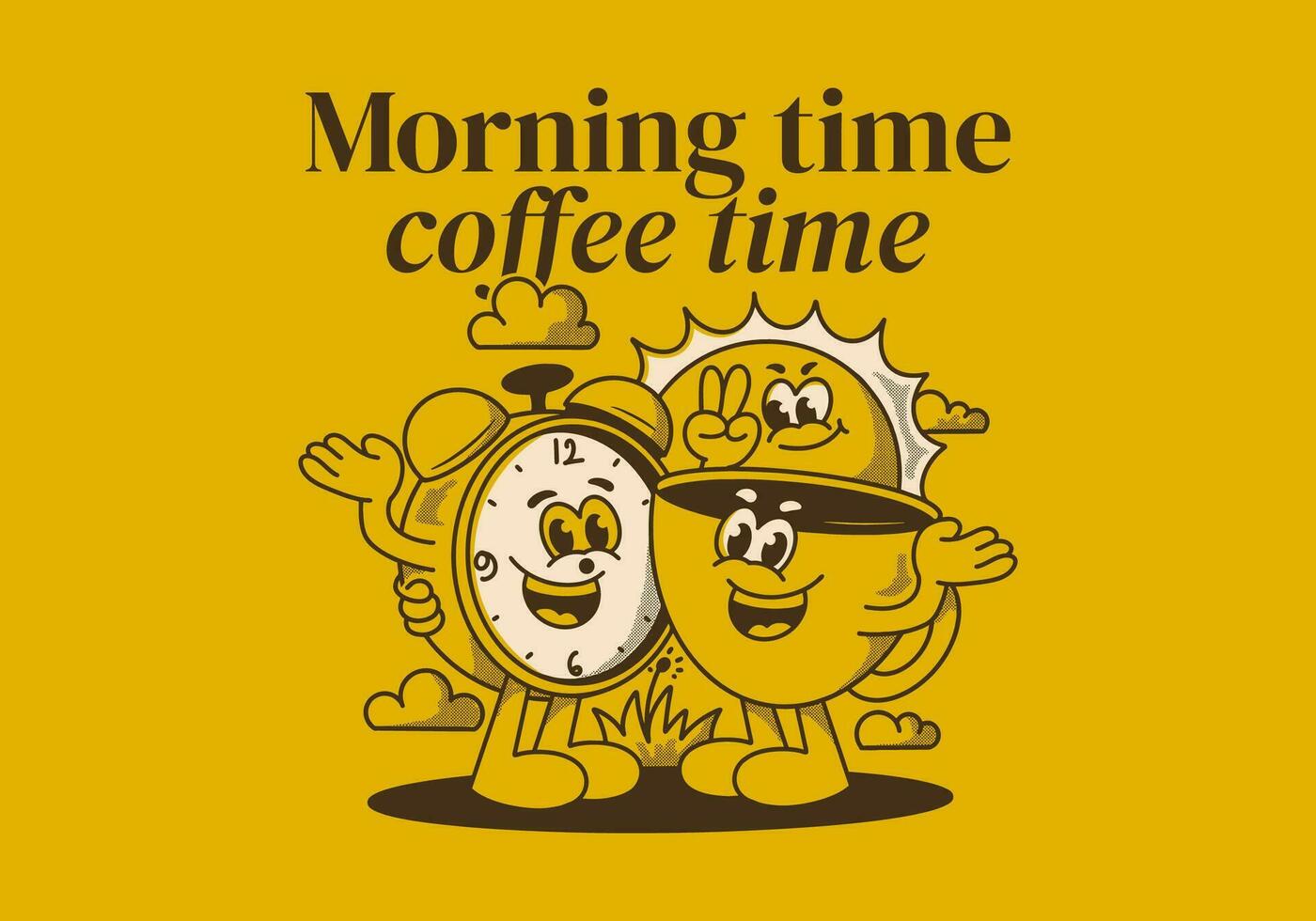 Morning time, coffee time. Mascot character of coffee cup, alarm clock and a sun vector