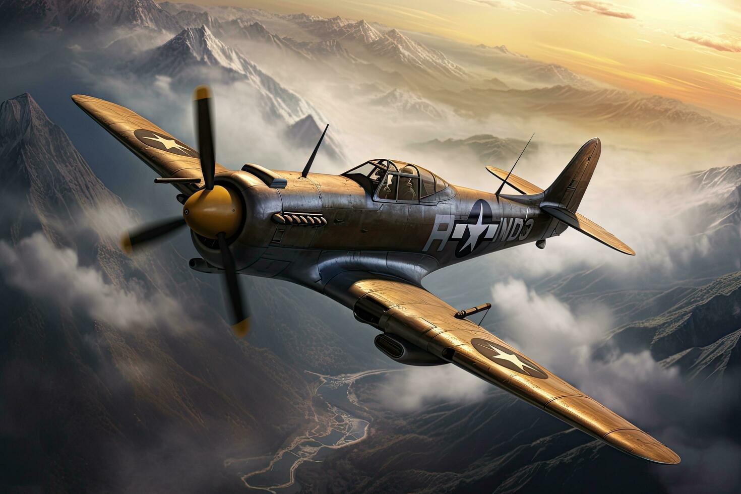 ai generado 3d cg representación de antiguo avión volador en el cielo con nubes, mundo guerra 2 era combatiente avión, ai generado foto