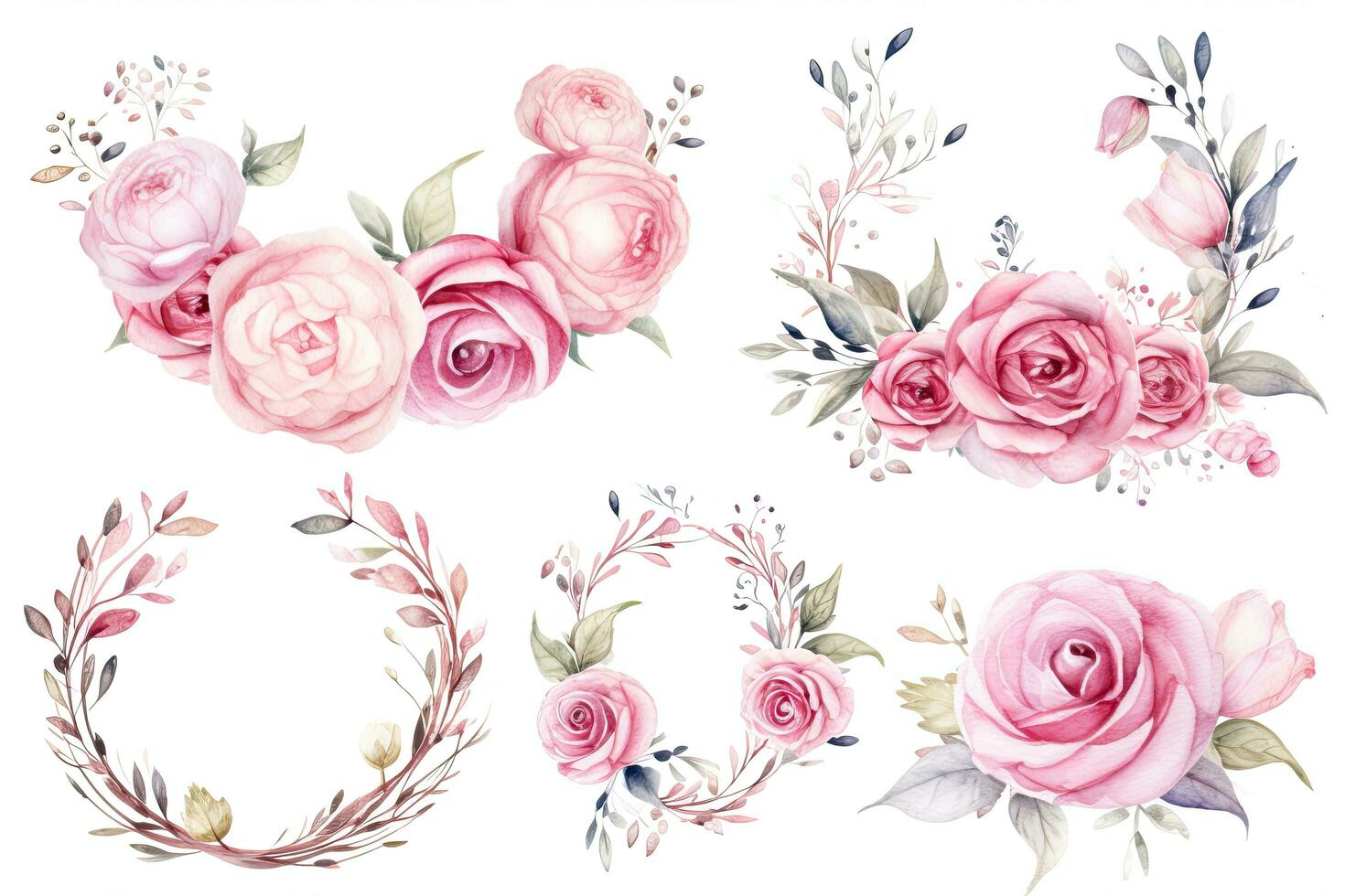 ai generado acuarela conjunto de rosado rosas y floral coronas aislado en blanco fondo, coronas, floral marcos, acuarela flores rosado rosas, ilustración mano pintado, ai generado foto