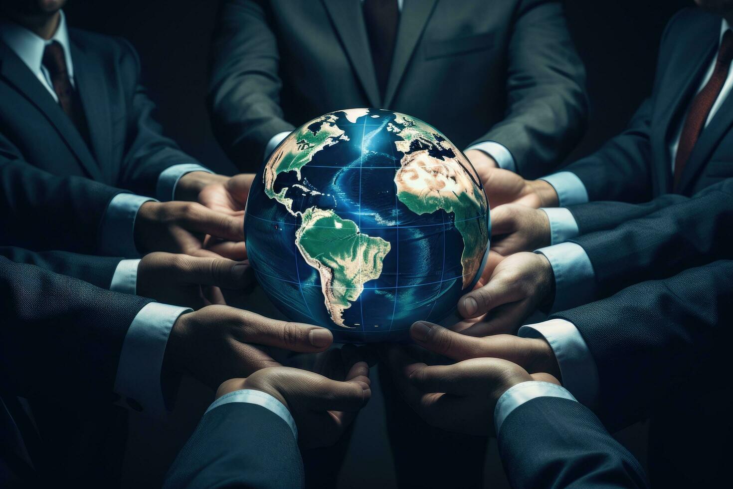 AI generated Close up of business people holding earth globe. Elements of this image are furnished by NASA, World government that prioritizes global cooperation and diplomacy, AI Generated photo