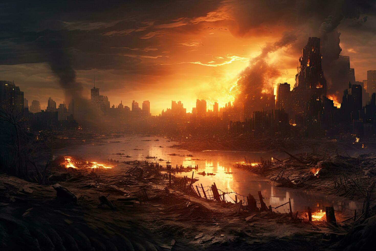 AI generated Dangerous fire in the city at night. 3D rendering, World collapse, doomsday scene, digital painting, AI Generated photo