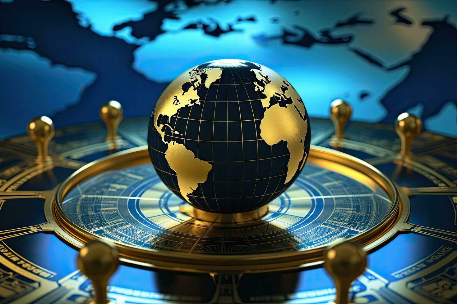 AI generated Globe and map of the world on a golden background, World government that prioritizes global cooperation and diplomacy, AI Generated photo