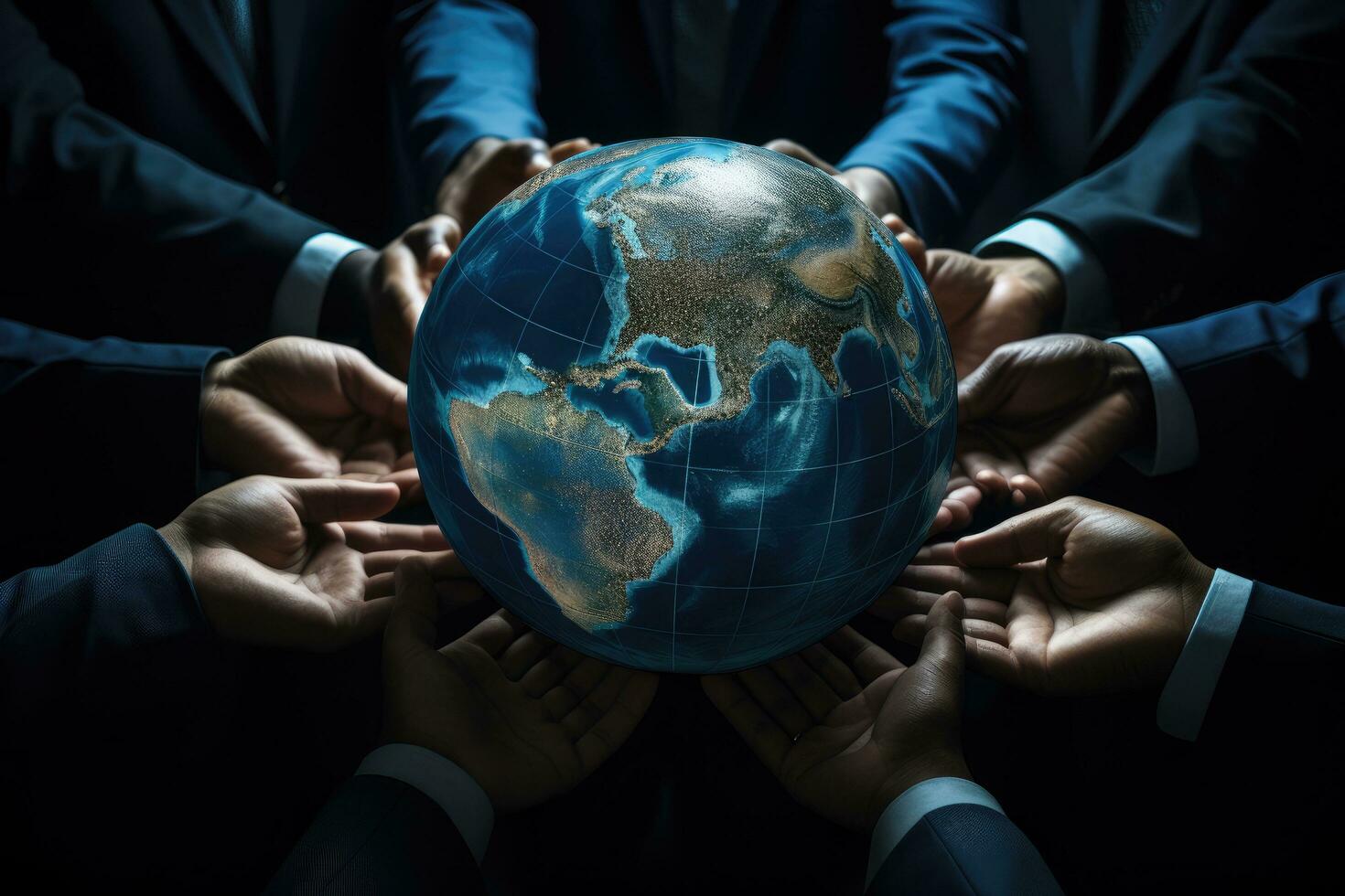 AI generated Global business, teamwork and people concept - close up of business people hands holding Earth globe, World government that prioritizes global cooperation and diplomacy, AI Generated photo