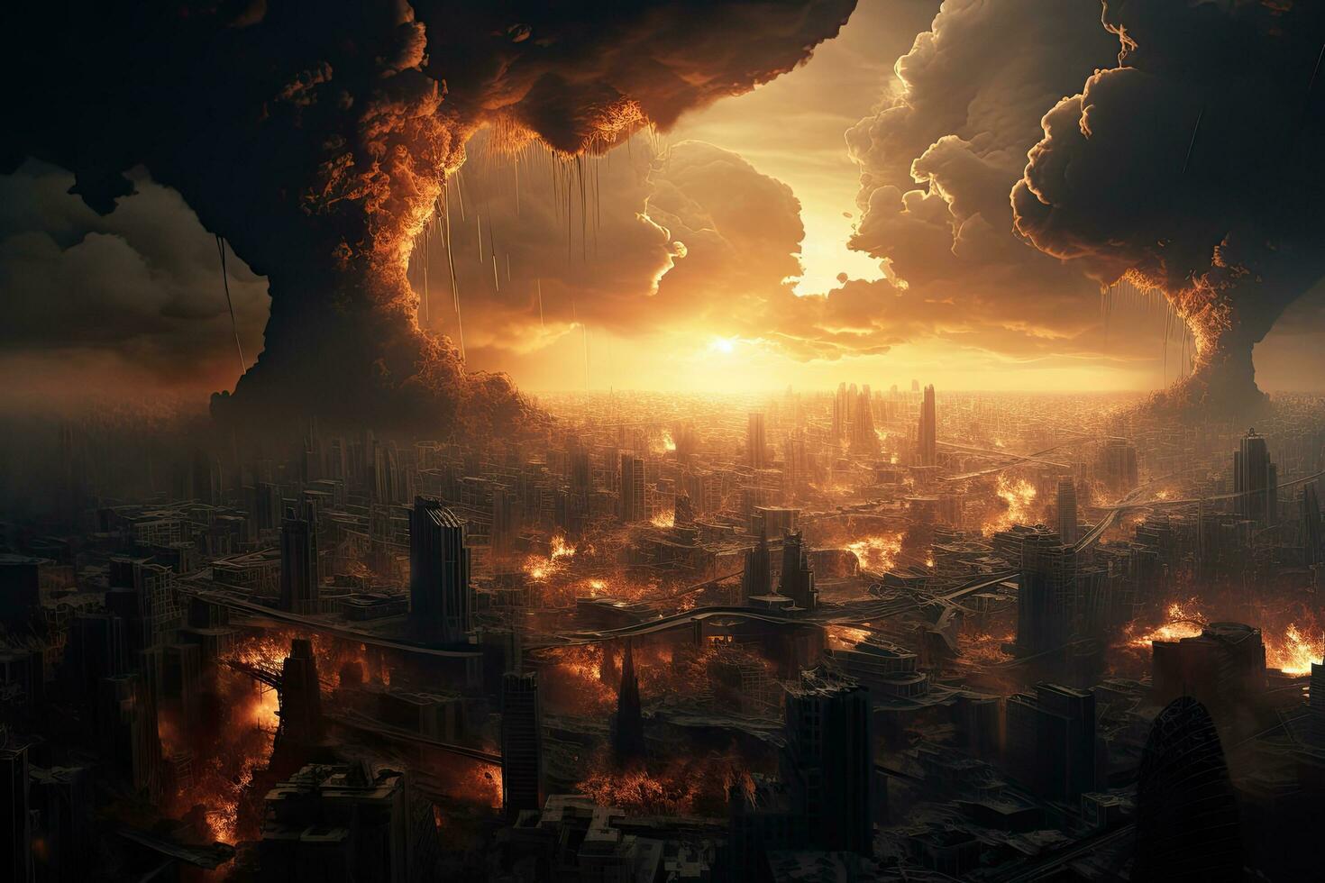 AI generated Big explosion in the city. 3D illustration. Conceptual image, World collapse, doomsday scene, digital painting, AI Generated photo