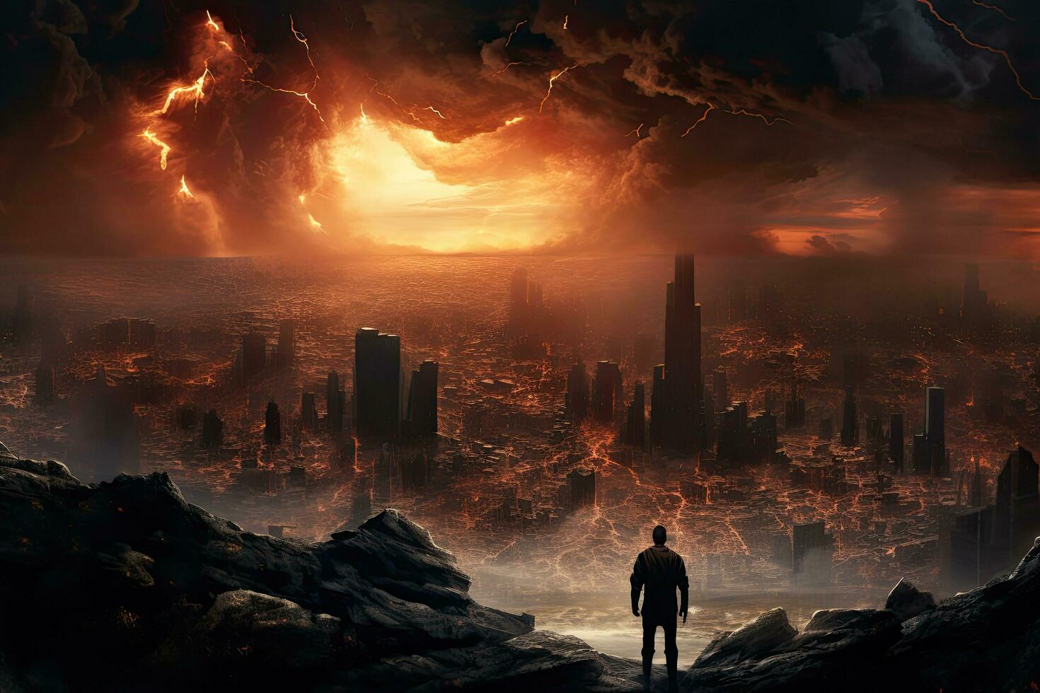 AI generated Silhouette of a businessman standing on the edge of a rock, looking at a burning city, World collapse, doomsday scene, digital painting, AI Generated photo