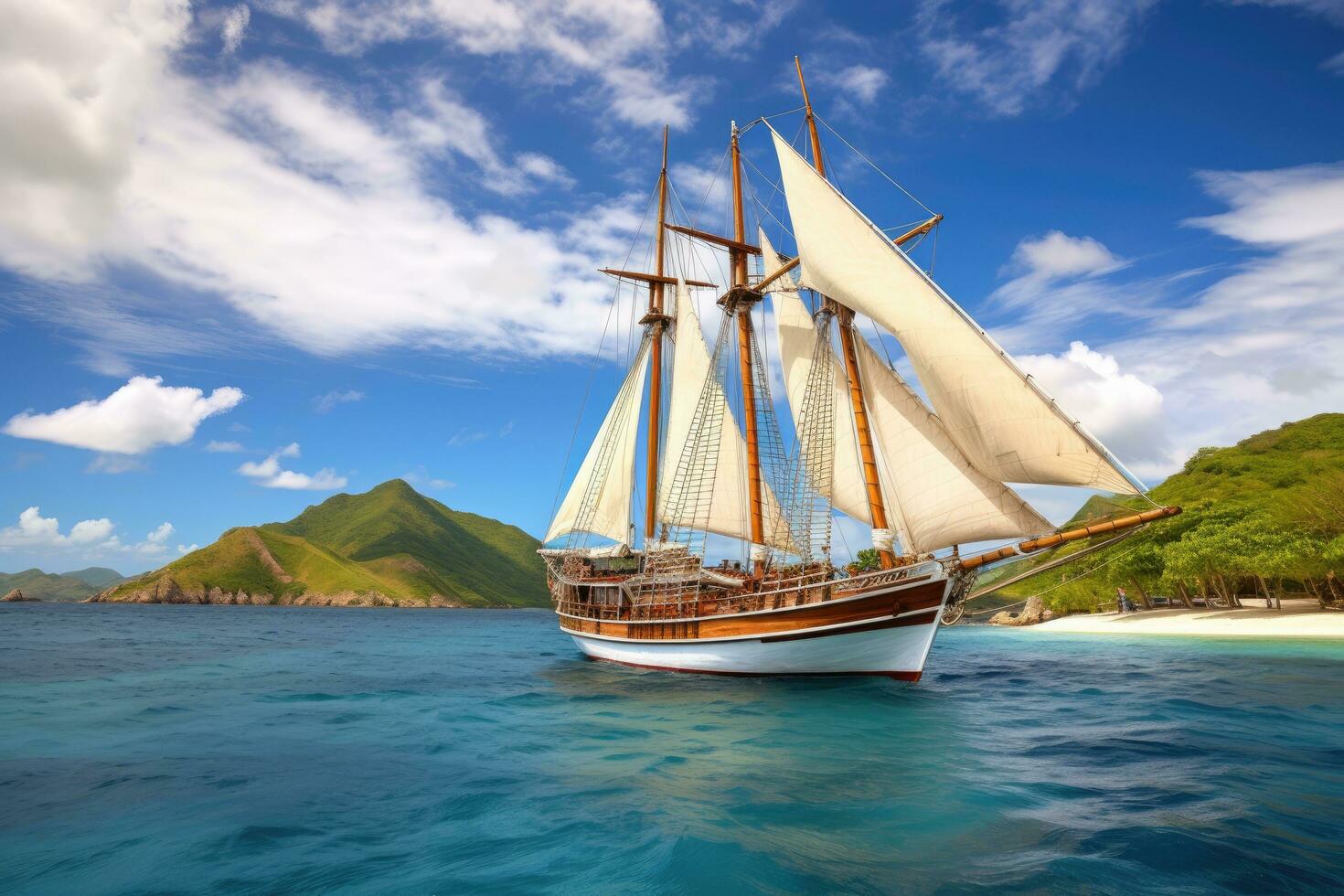 AI generated Sailing ship in the ocean on a sunny day. 3d render, Wooden tall ship sailing in a Caribbean island bay, AI Generated photo
