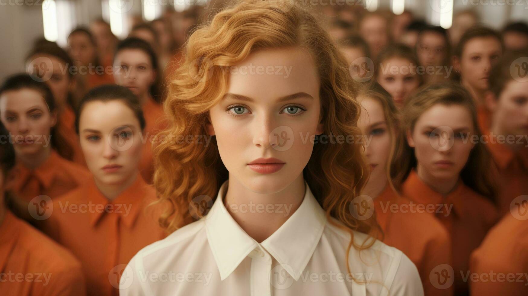 AI generated Young lonely woman in the crowd, created with generative AI photo