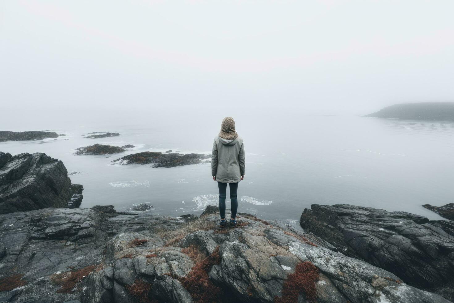 ai generado joven mujer en pie en un rock mirando a el mar en el niebla, mujer solo mirando a brumoso mar de viaje aventuras estilo de vida al aire libre soledad triste emociones invierno abajo, ai generado foto