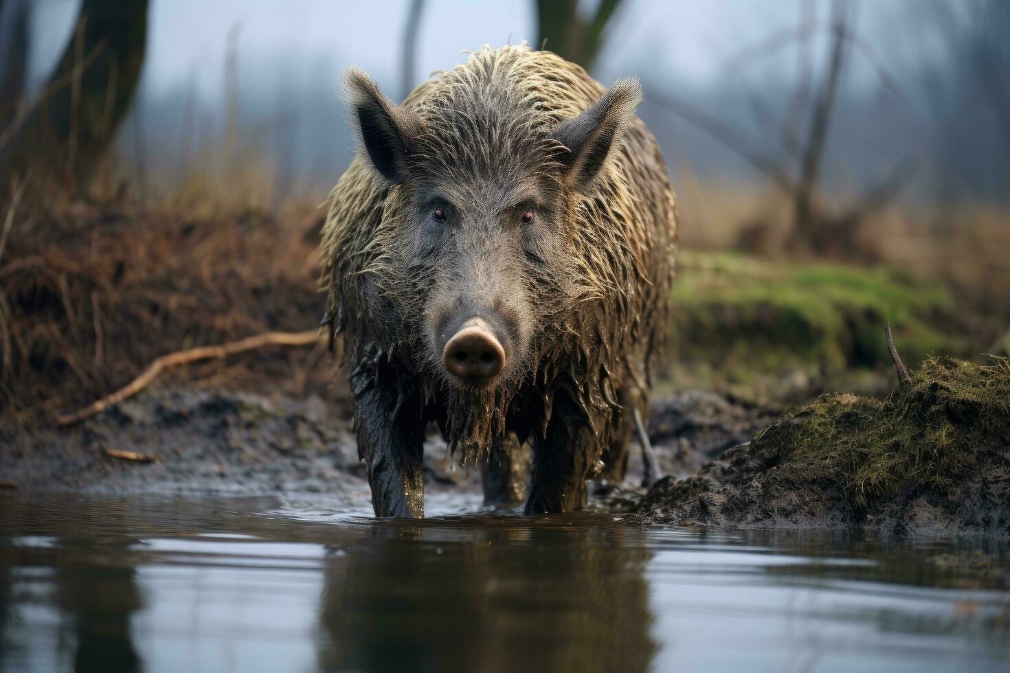AI generated Wild boar, Sus scrofa, single mammal in water, UK, wild boar, sus scrofa, Czech republic, AI Generated photo