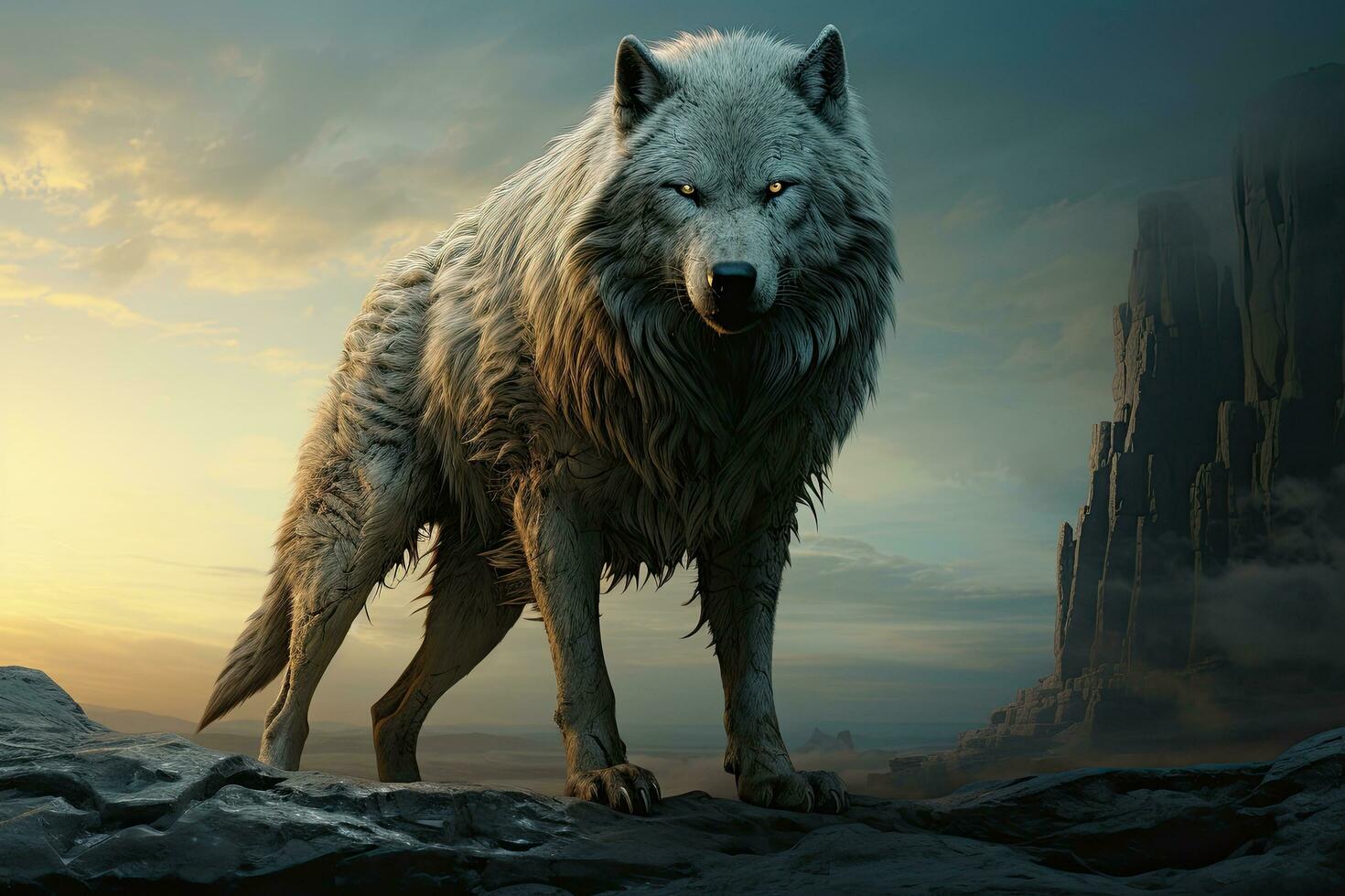 AI generated Grey wolf standing on the edge of a cliff. 3D rendering, wolf standing rock front full moon magic realism matte painting wat dangerous powerful creature, AI Generated photo