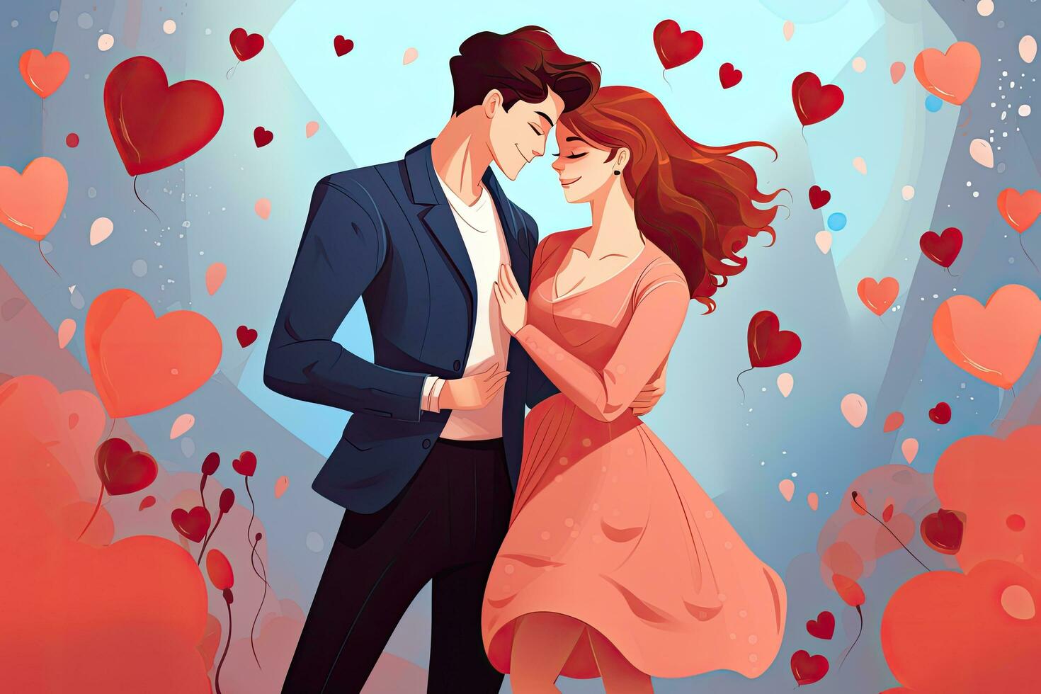 ai generado romántico Pareja en amor en un antecedentes de corazones. vector ilustración, joven Pareja en amor en San Valentín día ilustración, ai generado foto