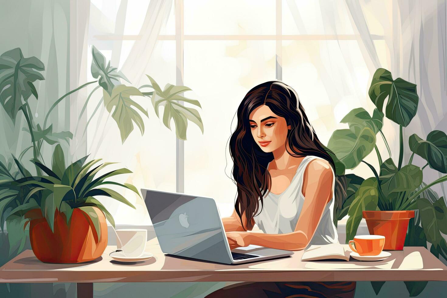 ai generado joven mujer trabajando en ordenador portátil a hogar. vector ilustración en dibujos animados estilo, joven mujer teletrabajo con ordenador portátil a hogar, ai generado foto