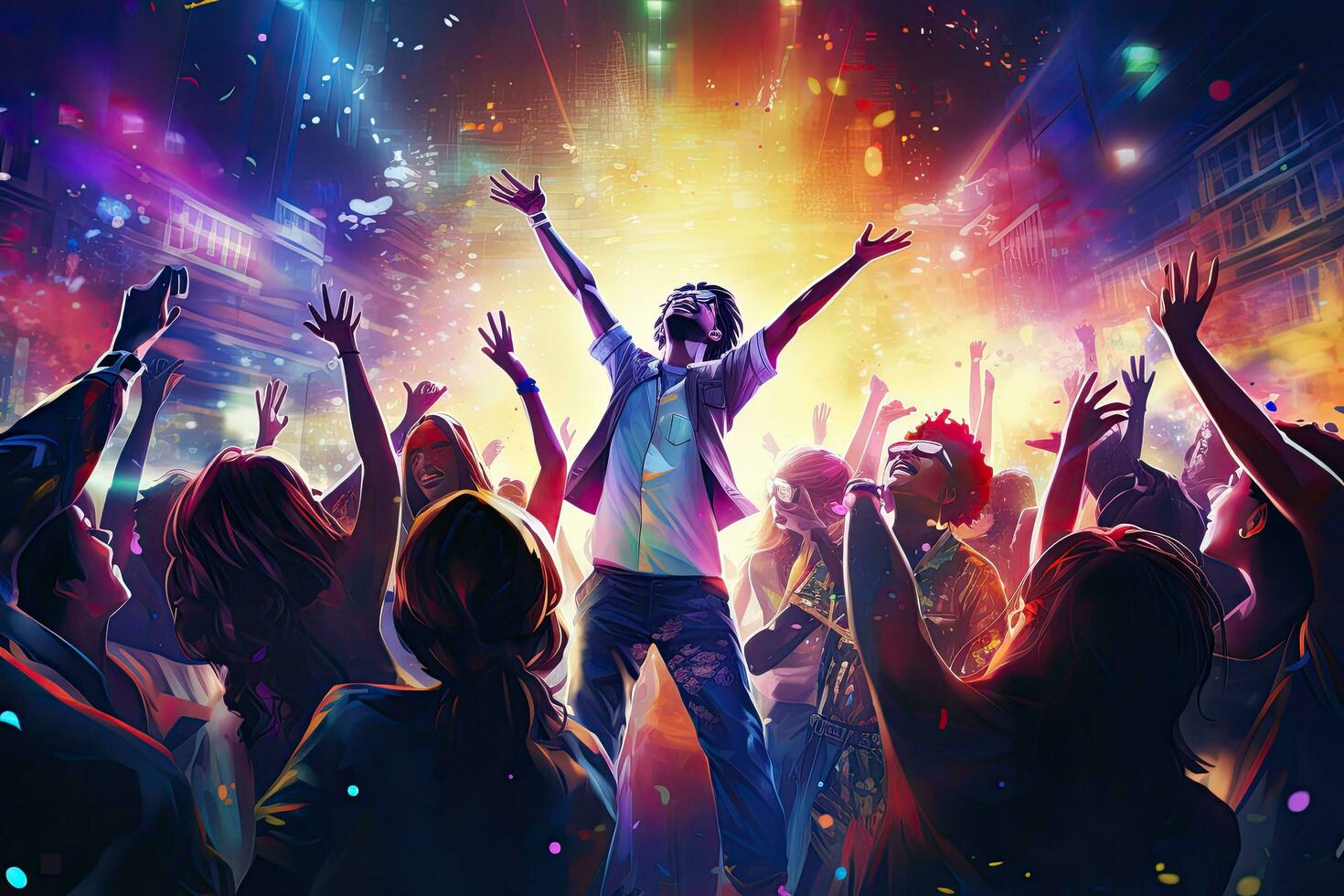 ai generado contento personas bailando y teniendo divertido a música festival. fiesta concepto, joven contento personas son bailando en clubs. la vida nocturna y disco concepto, ai generado foto