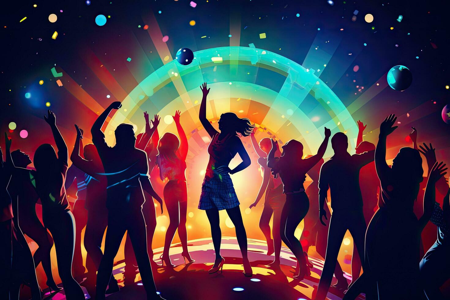 ai generado contento personas bailando y teniendo divertido a música festival. fiesta concepto, joven contento personas son bailando en clubs. la vida nocturna y disco concepto, ai generado foto