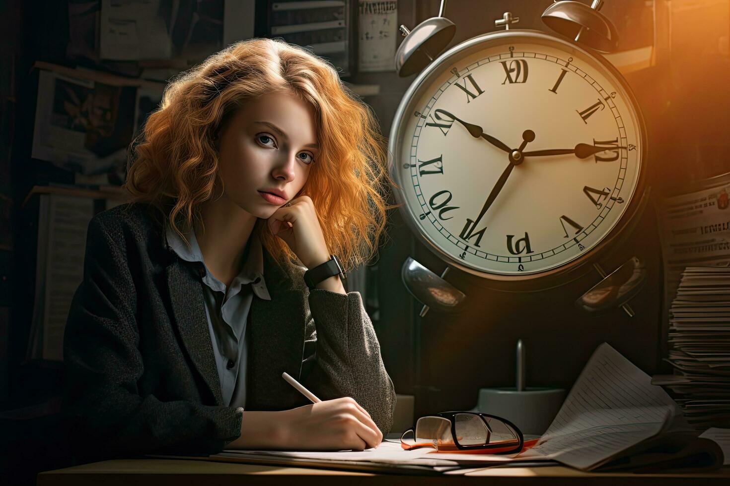AI generated Portrait of a beautiful young red-haired girl sitting at the table in the office, Young Woman Working in Office, AI Generated photo