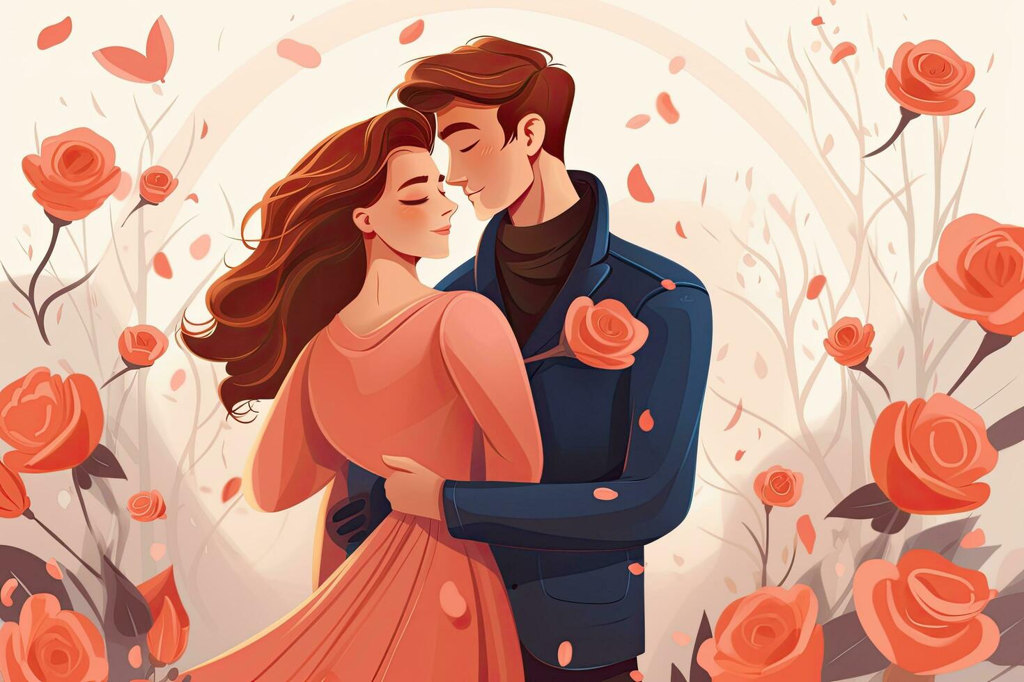 AI generated Romantic couple in love hugging and kissing on a background of flowers. Vector illustration, Young couple in love on valentine's day illustration, AI Generated photo