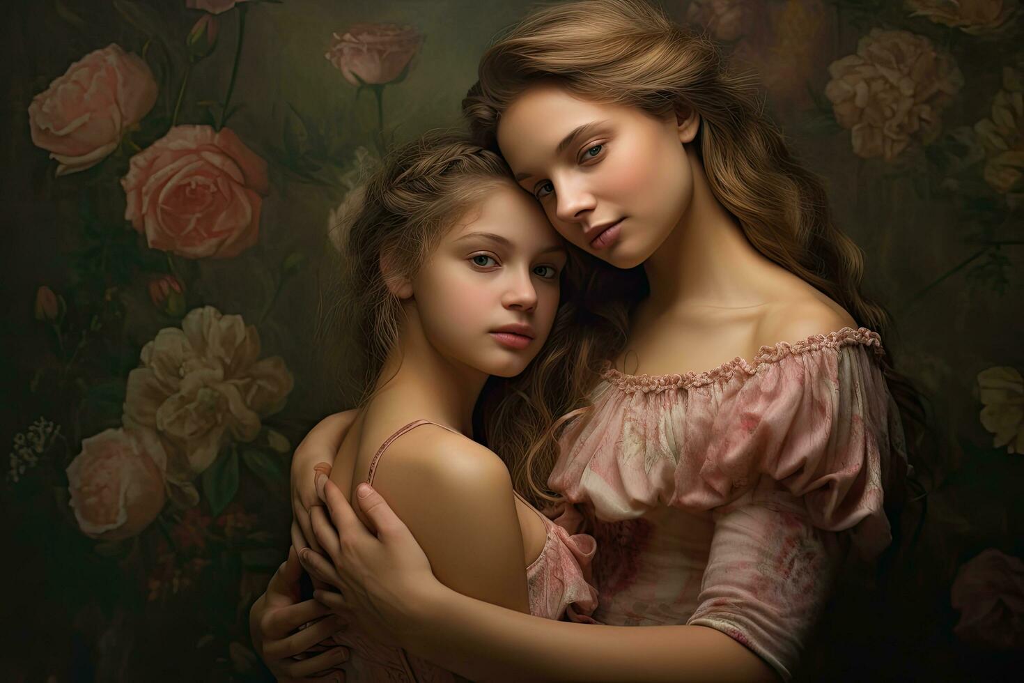 AI generated Portrait of a beautiful mother and daughter in pink dresses on the background of flowers, Young happy people are dancing in clubs. Nightlife and disco concept, AI Generated photo