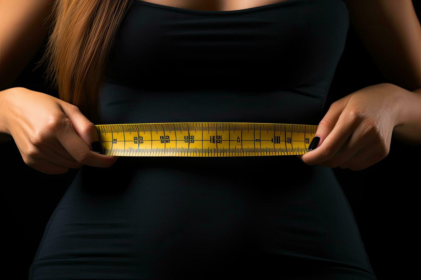 AI generated Woman measuring her waist on black background, closeup. Weight loss concept, Woman measuring her waist with a tape measure on a black background. top section cropped, AI Generated photo