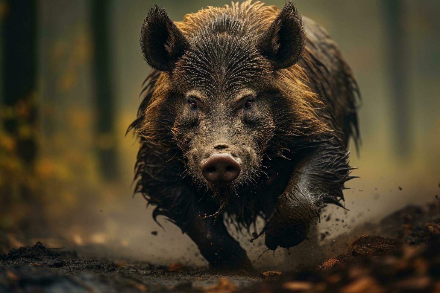 AI generated Wild boar running in the forest. Wildlife scene from nature, wild boar, sus scrofa, Czech republic, AI Generated photo