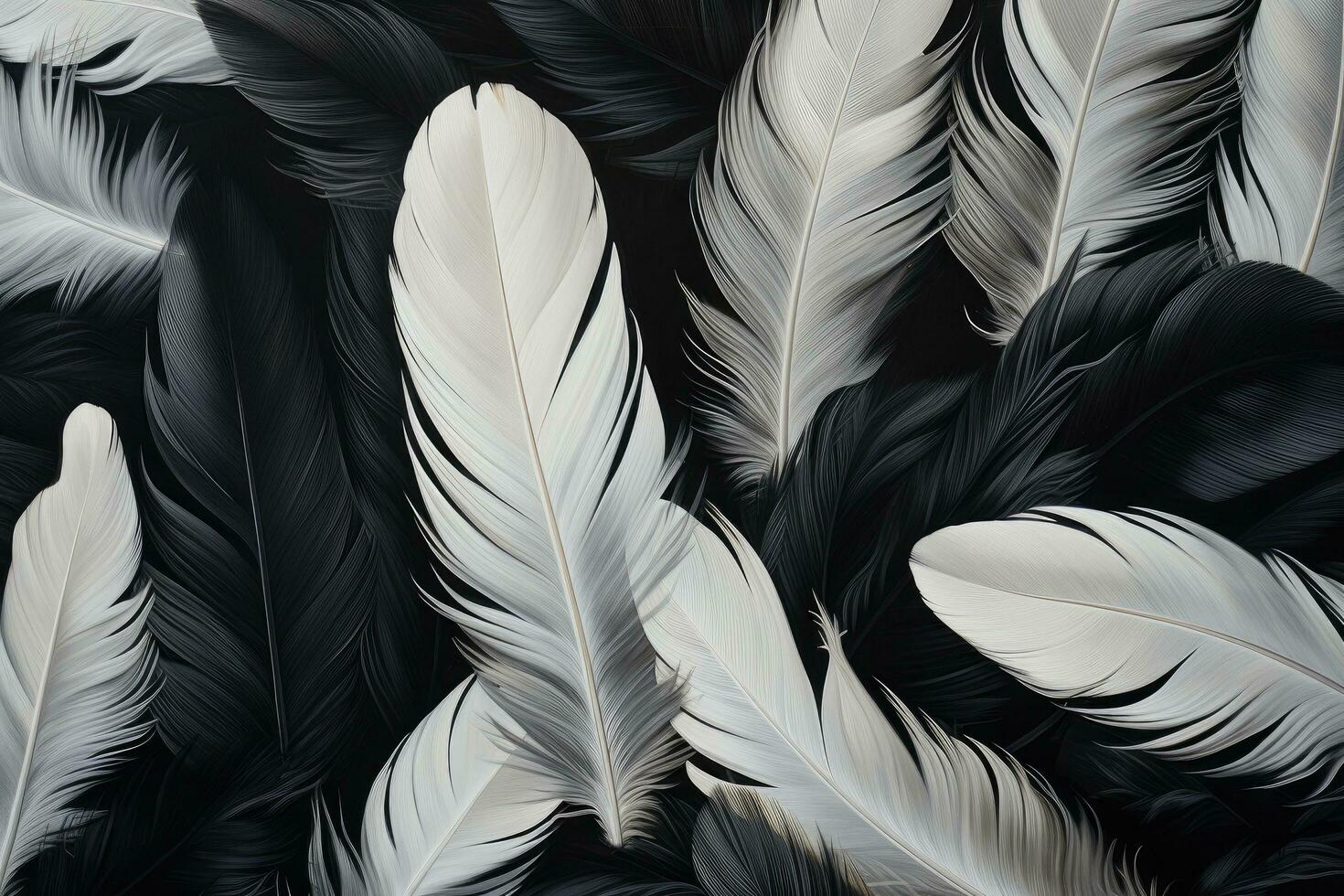 AI generated Black and white feathers as background, top view. Flat lay, White and black feathers , AI Generated photo