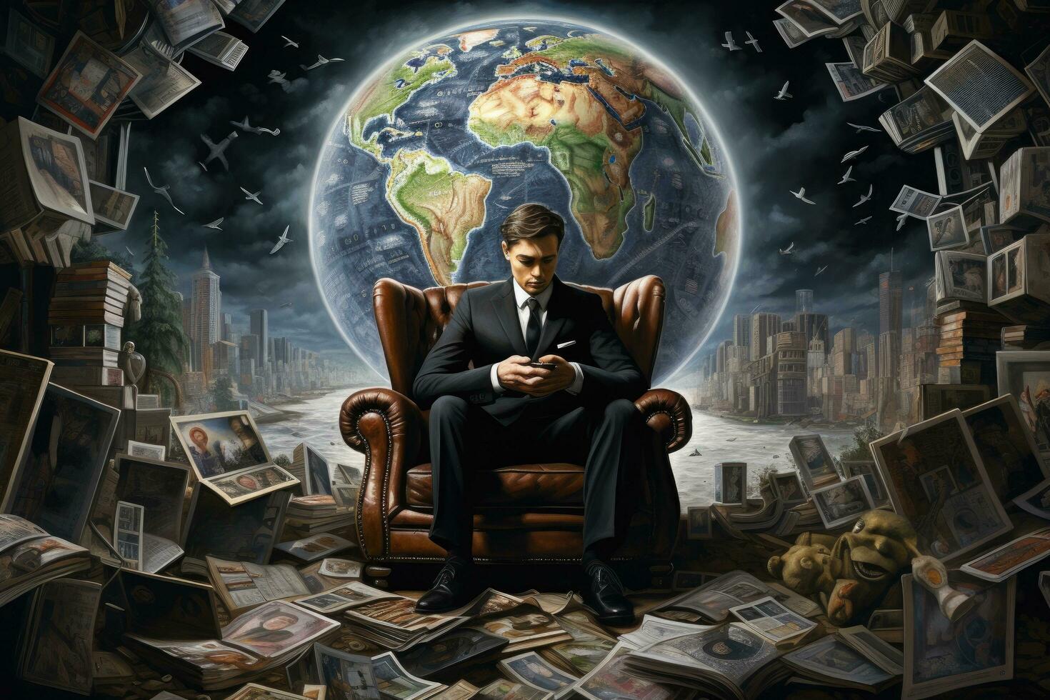 AI generated Man sitting in an armchair and looking at the phone. Elements of this image furnished by NASA, what will happen to the world in the next year, AI Generated photo