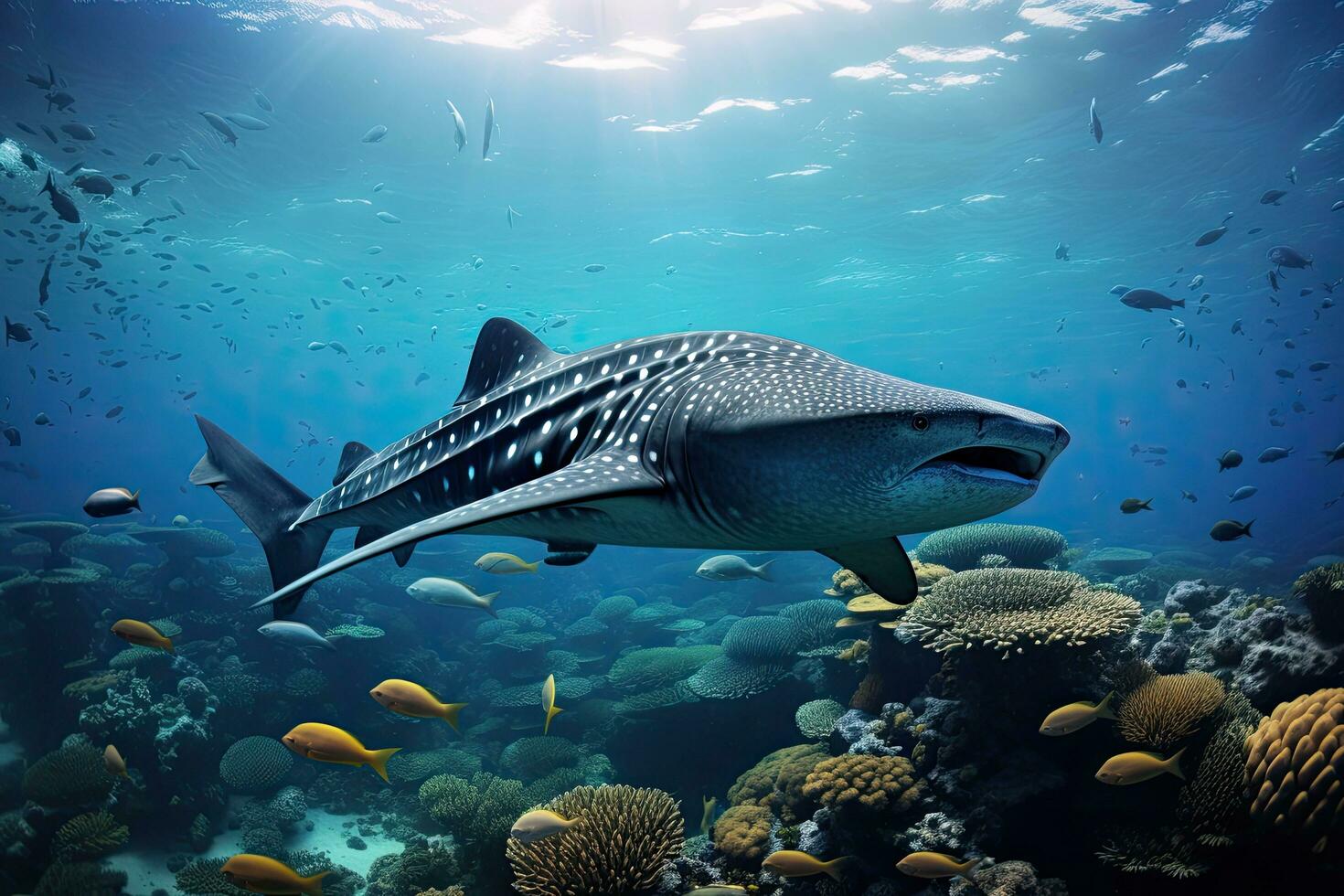 AI generated Whale shark swimming in the coral reef. 3d illustration, Whale shark and school of sharks in a deep blue ocean, AI Generated photo