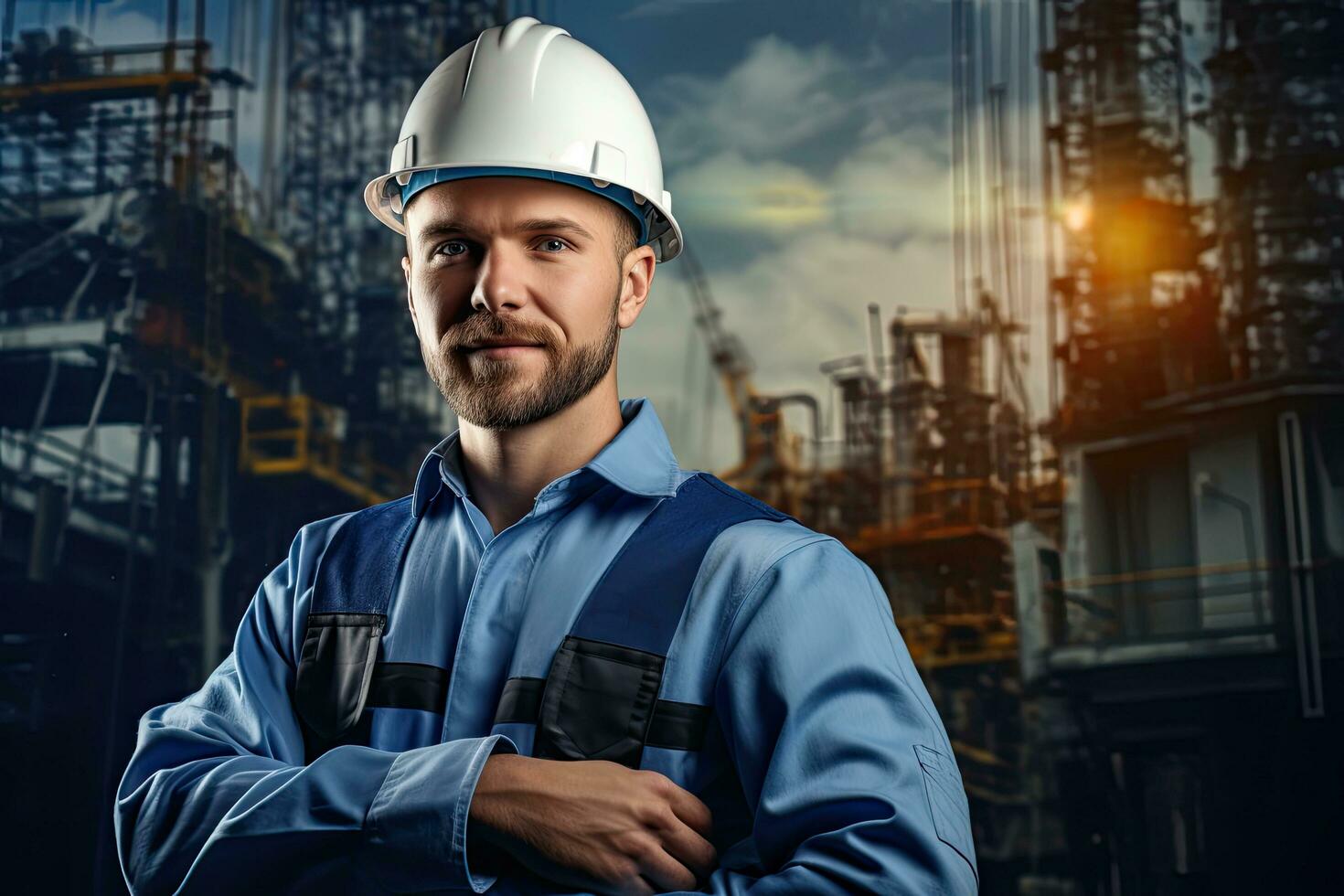 ai generado retrato de un hermoso joven hombre en un casco y trabajo ropa en un antecedentes de petróleo refinería, blanco caucásico masculino profesional ingeniero, ai generado foto