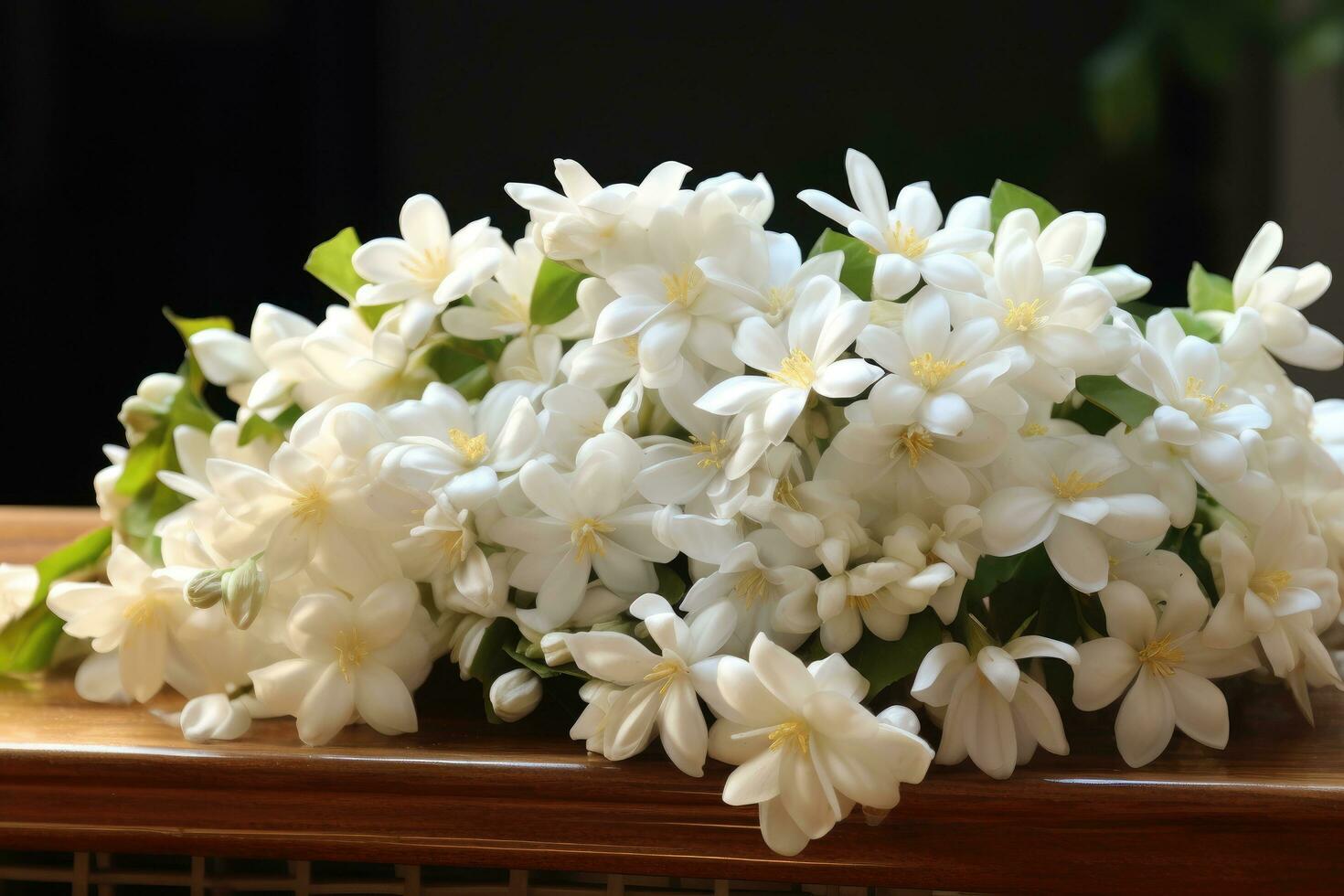 ai generado hermosa jazmín flores en un de madera estante en el habitación, blanco jazmín flores Fresco flores natural, ai generado foto