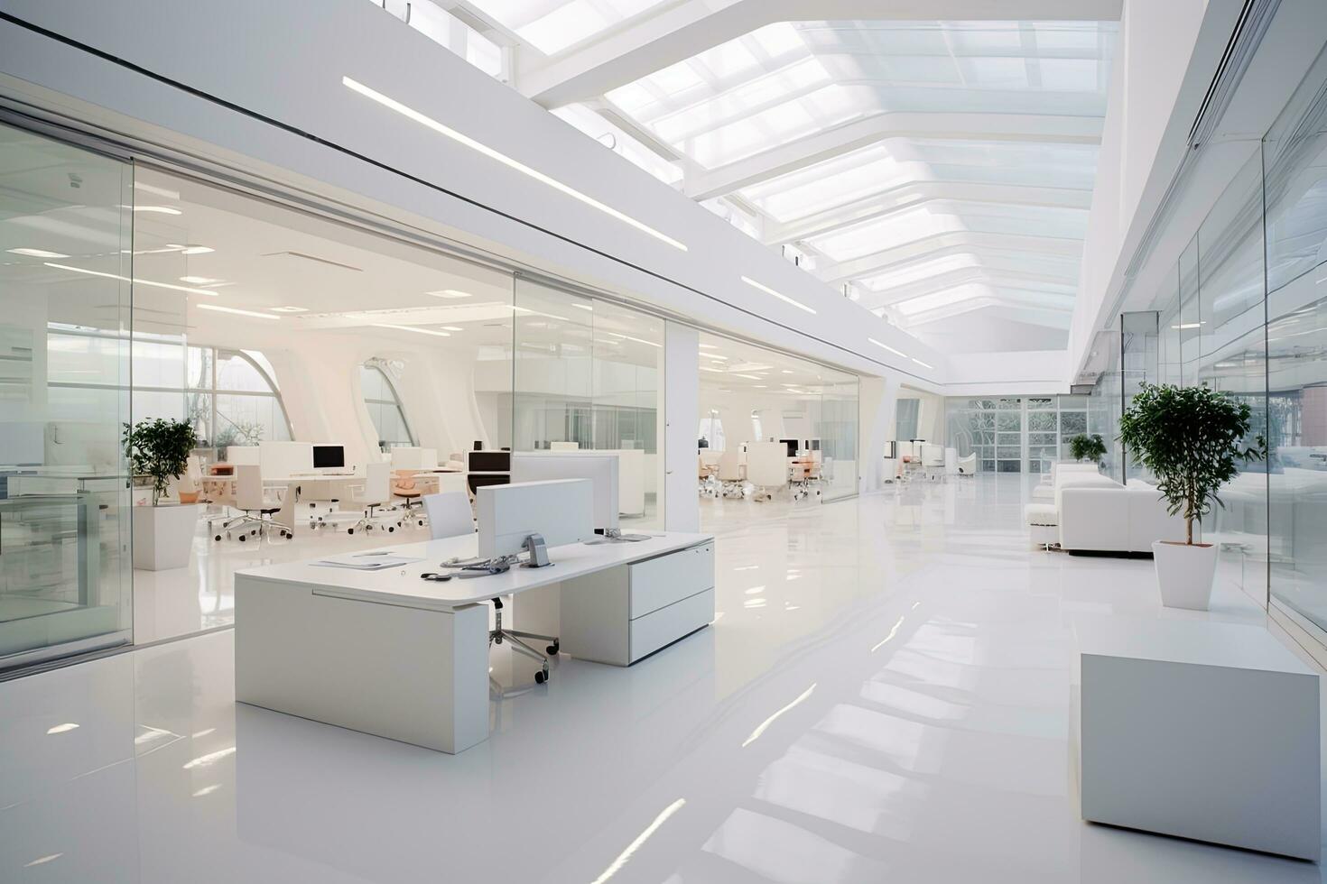 AI generated Interior of a modern office building. 3d rendering mock up, White open space office interior, AI Generated photo