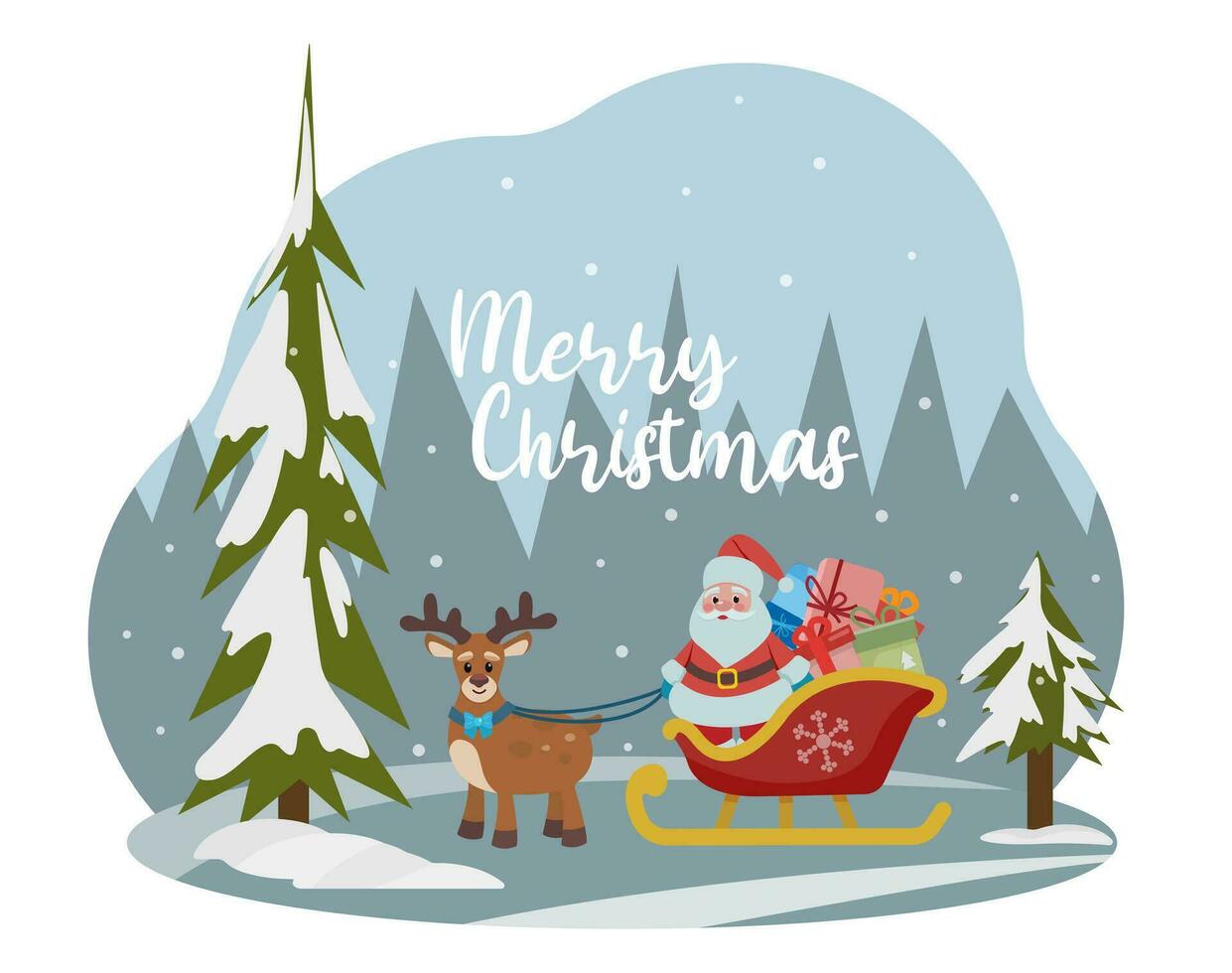 Santa Claus in a New Year's sleigh with a large bag of gifts and a deer. Christmas snowy atmosphere. Merry Christmas and Happy New Year. Vector style.