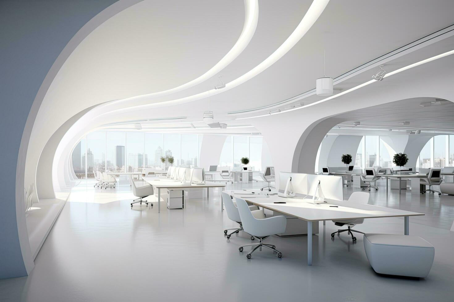 AI generated 3d Illustration of a modern open space office with white walls, White open space office interior, AI Generated photo