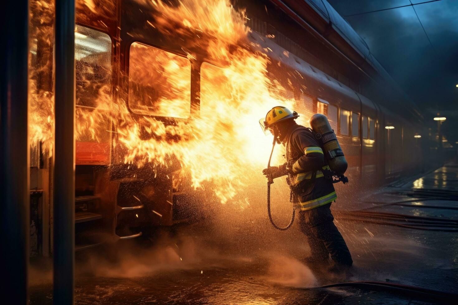 AI generated Firefighters extinguish a fire in a train station at night, A fireman using water and an extinguisher to fight with fire flames in an accident car on the wayside road, AI Generated photo