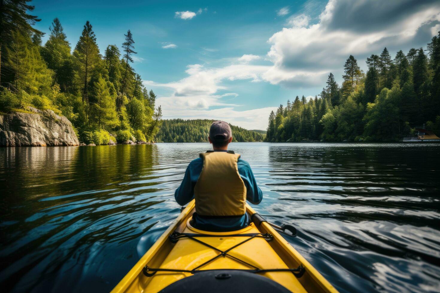 AI generated Kayaking on the lake in the mountains. A man in a yellow kayak sails along the shore, A person's rear view enjoying an eco-friendly activity of kayaking, AI Generated photo