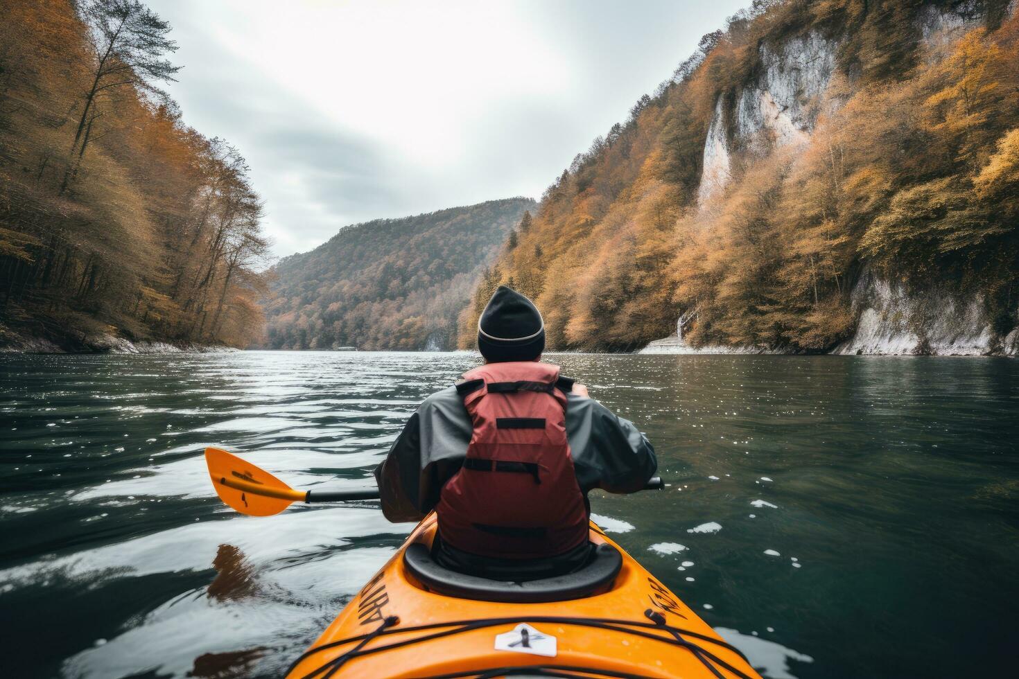 AI generated Man kayaking on the river in the mountains. Active lifestyle concept, A person's rear view enjoying an eco-friendly activity of kayaking, AI Generated photo