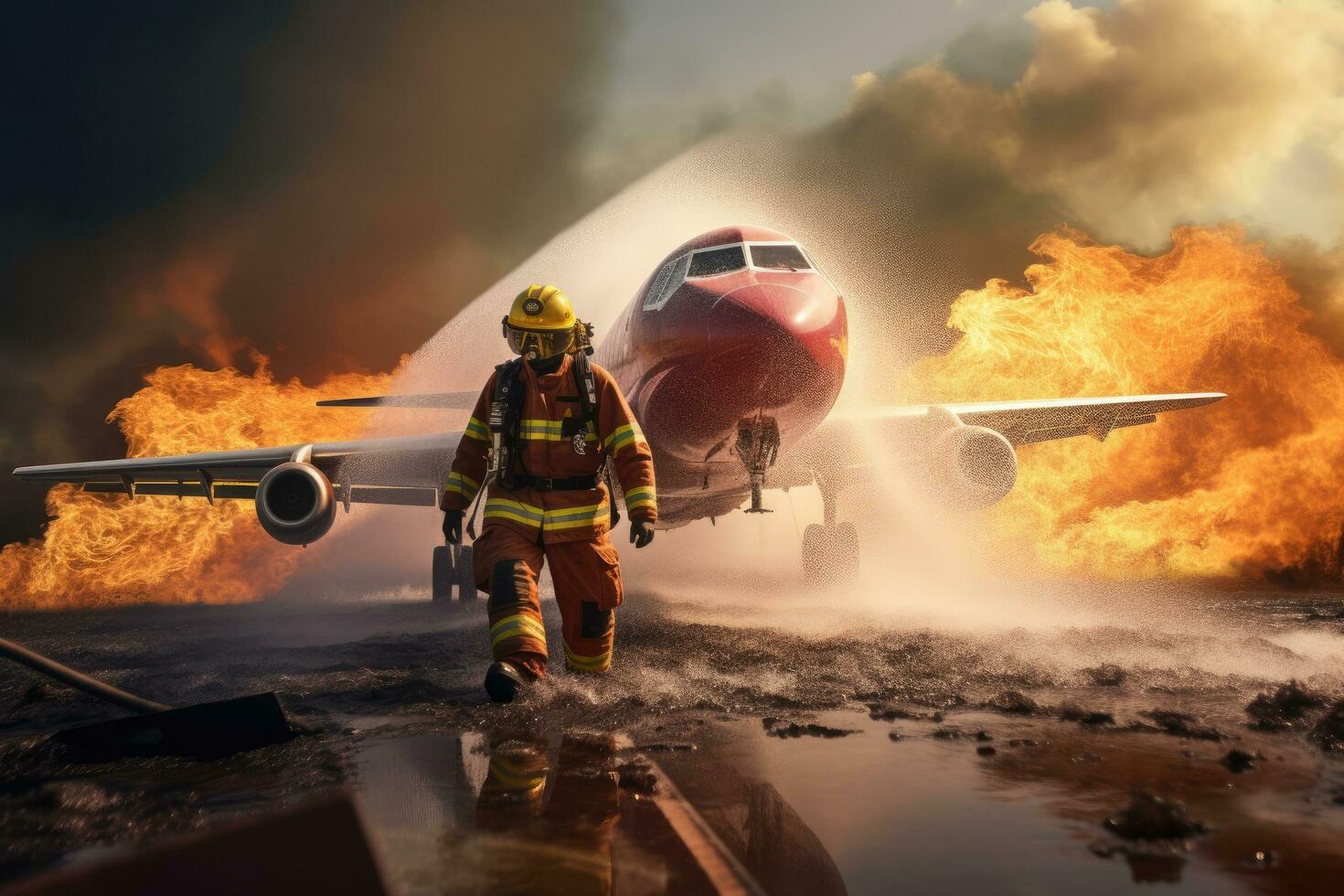 AI generated Firefighters extinguish a fire in a car on the road, A fireman using water and an extinguisher to fight with fire flames in an accident car on the wayside road, AI Generated photo