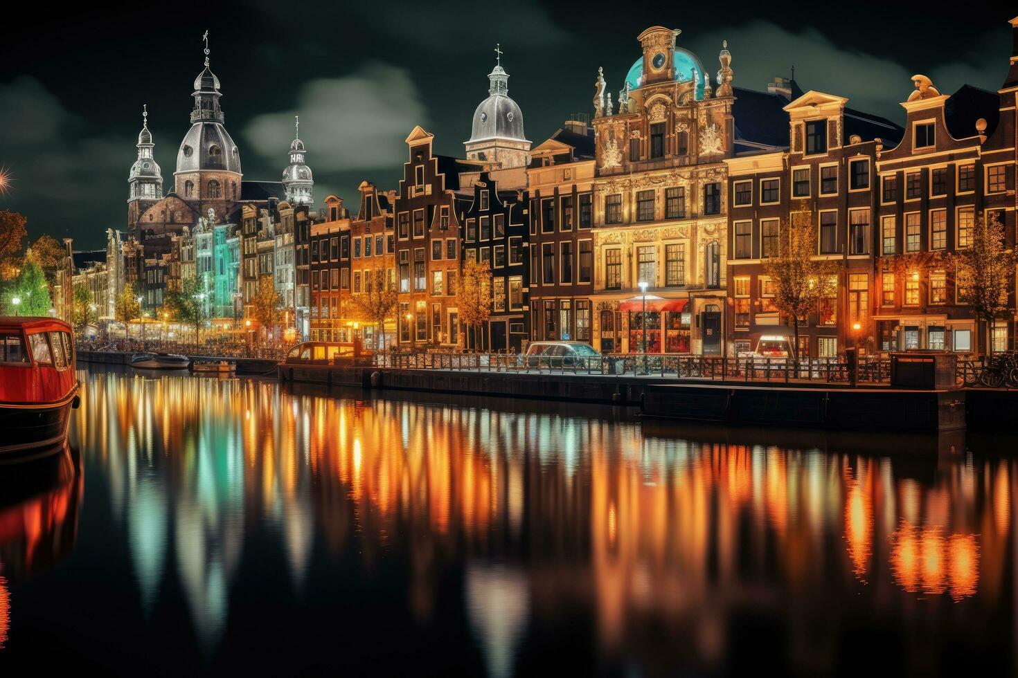 AI generated Amsterdam canal at night, Holland, Netherlands. Cityscape, Amsterdam City Illuminated Building and Canal at night, Netherlands, AI Generated photo