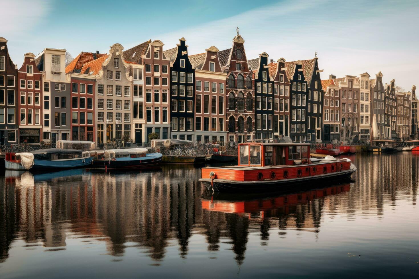 AI generated Amsterdam canals and traditional dutch houses, Holland, Netherlands, Amsterdam Netherlands dancing houses over river Amstel landmark, AI Generated photo