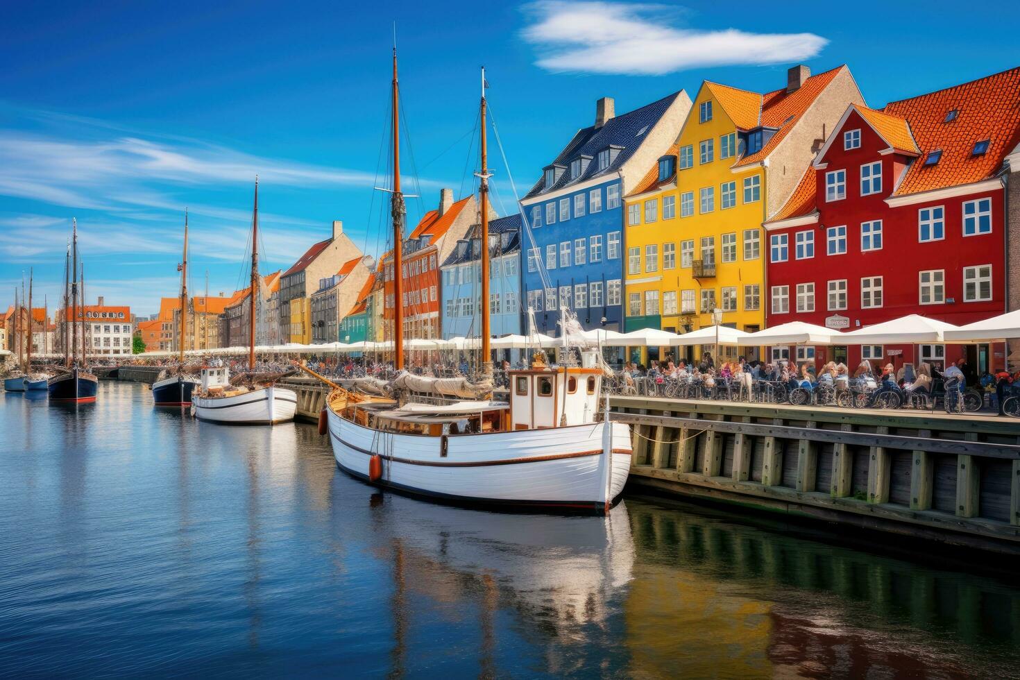 AI generated Nyhavn is a waterfront in Copenhagen, Denmark, Amazing historical city center, Nyhavn New Harbour canal and entertainment district in Copenhagen, AI Generated photo