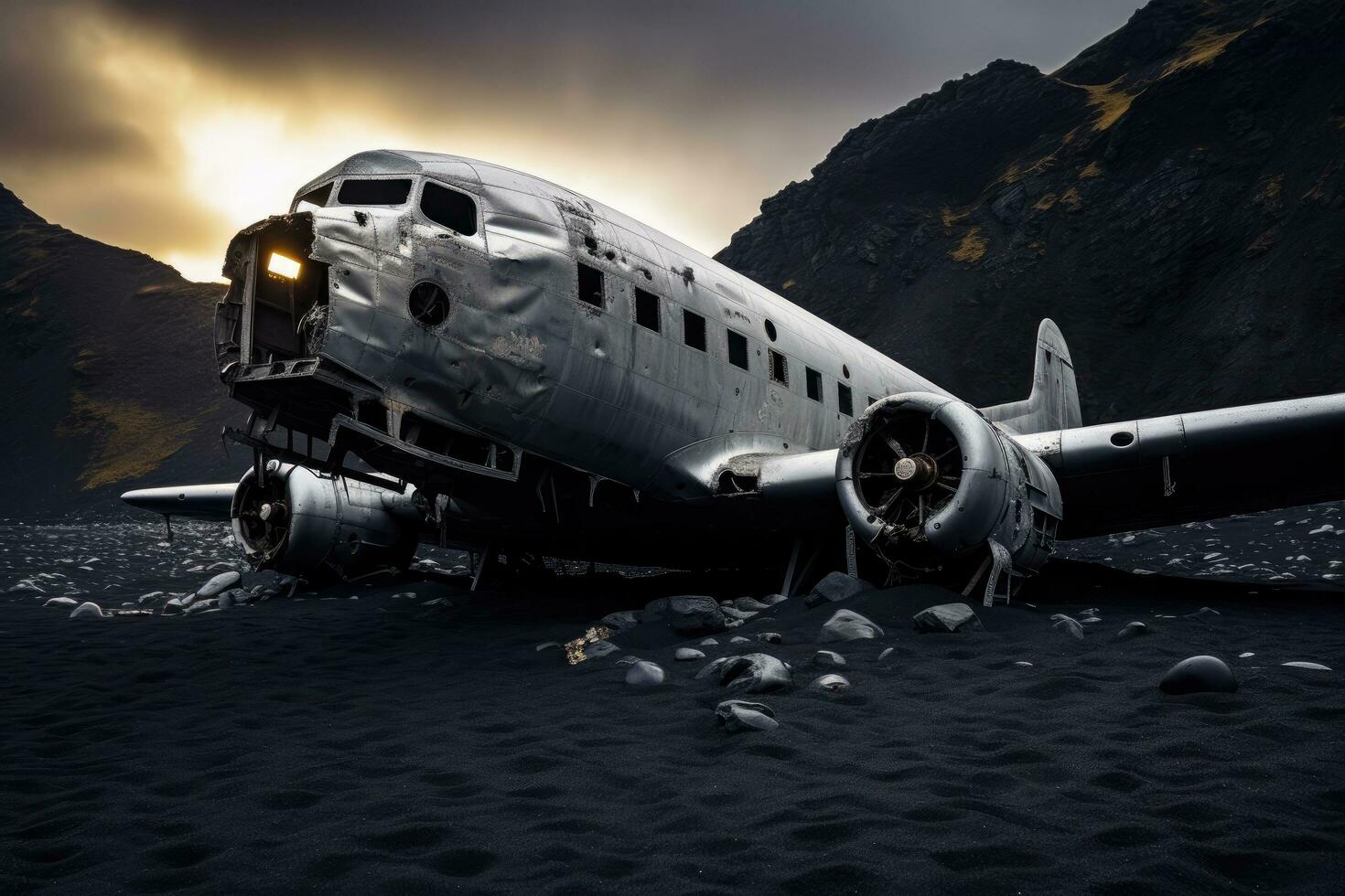 AI generated Abandoned military airplane in the desert. 3D rendering, An abandoned airplane rests solemnly on a desolate black sand beach, AI Generated photo