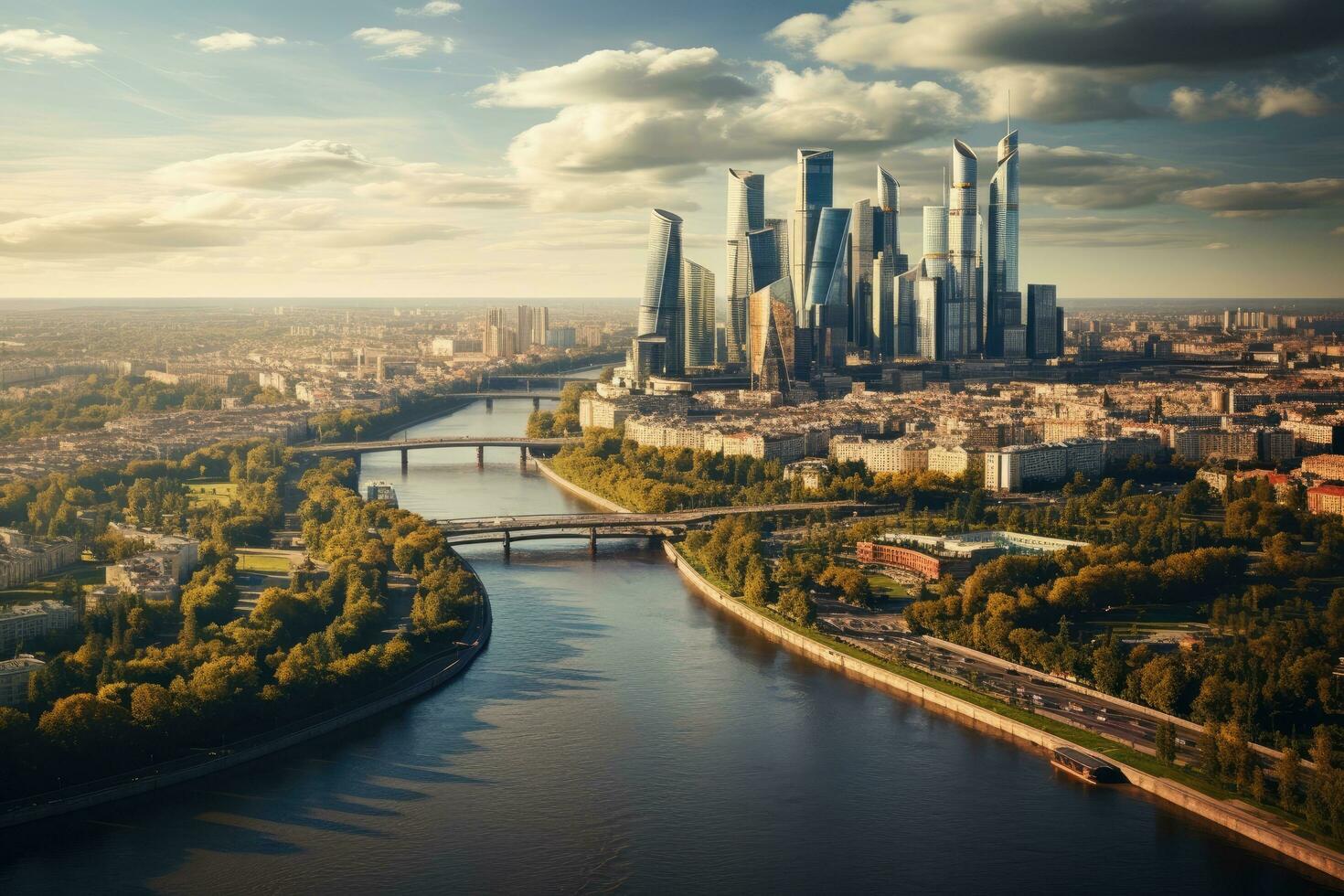 ai generado panorámico aéreo ver de Moscú ciudad a atardecer, Rusia, aéreo ver de Moscú ciudad con el Moscú río, Rusia, ai generado foto