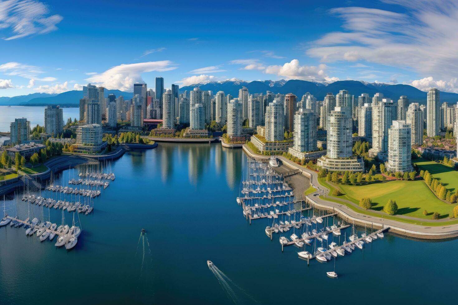 AI generated Aerial view of Vancouver, British Columbia, Canada. Vancouver is the capital and largest city of British Columbia, Aerial Panorama of Downtown City at False Creek, Vancouver, AI Generated photo