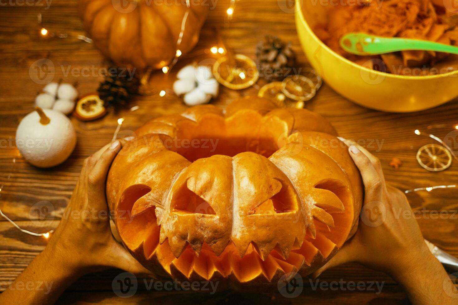 Halloween pumpkin with creepy face photo