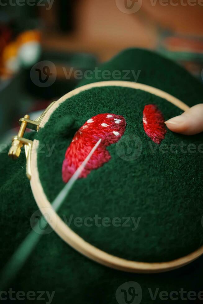 Girl's hand embroidery mushroom hat in hoop. photo