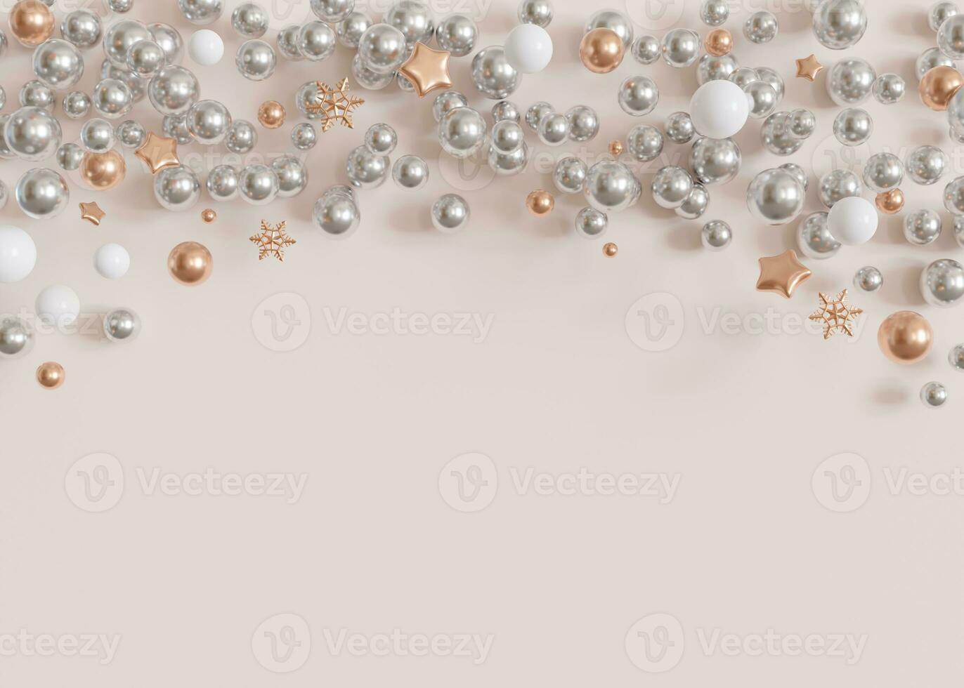 A Christmas background with space for text, displaying an array of silver, white, and gold baubles and stars, artfully arranged on a soft beige background for a festive composition. Copy space. 3D. photo
